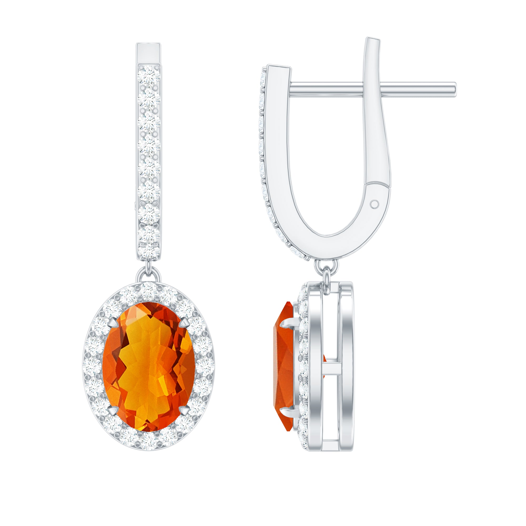 Natural 5X7mm Oval Fire Opal Diamond Drop Earrings with Latch Back