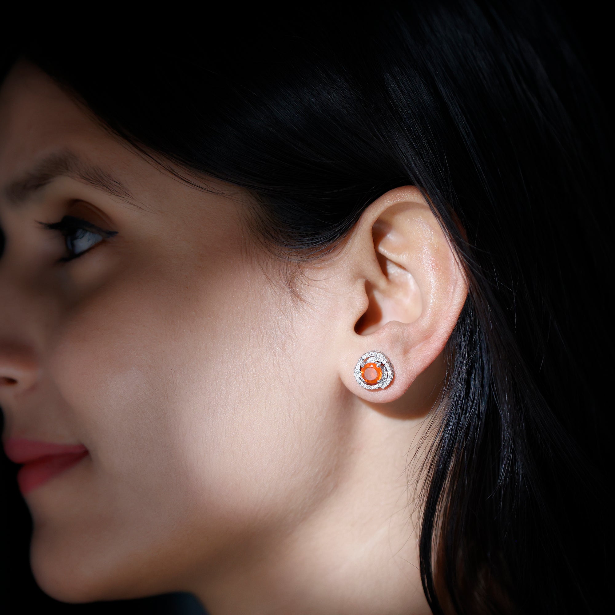 Real Fire Opal and Diamond Big Stud Earrings AAA - Rosec Jewels