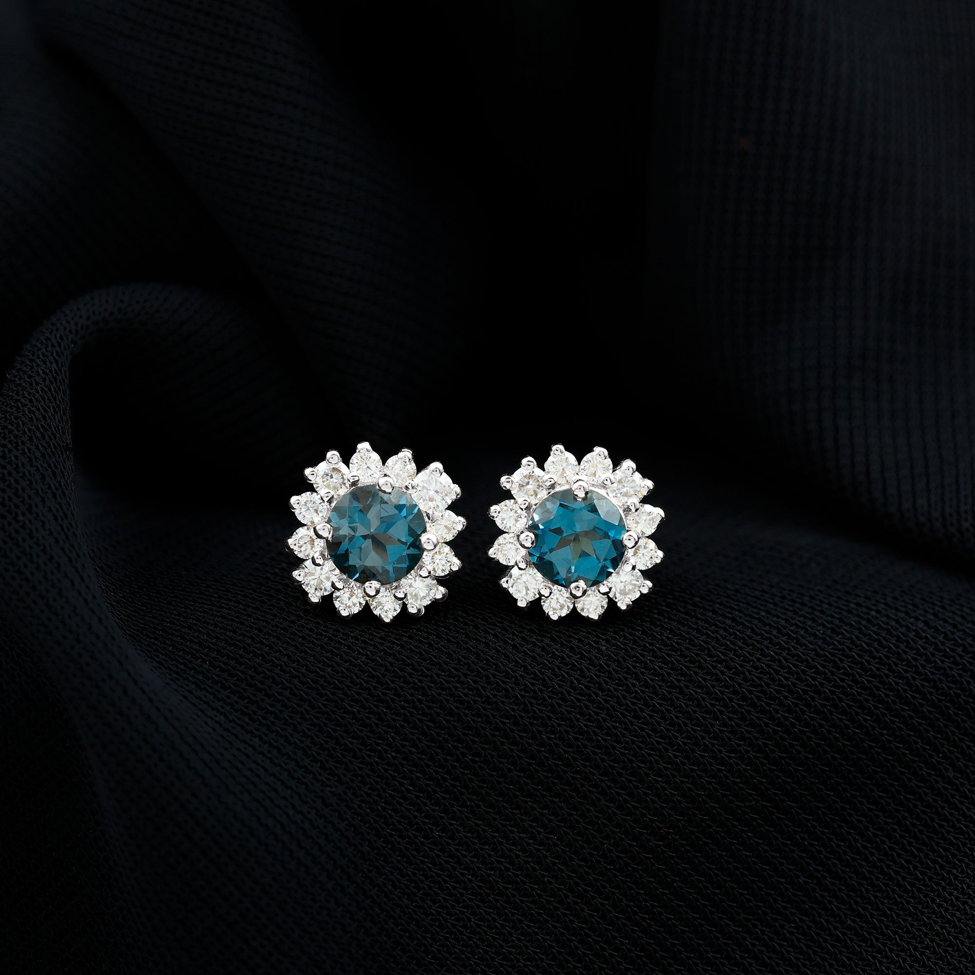 Real London Blue Topaz and Diamond Halo Stud Earrings AAA - Rosec Jewels