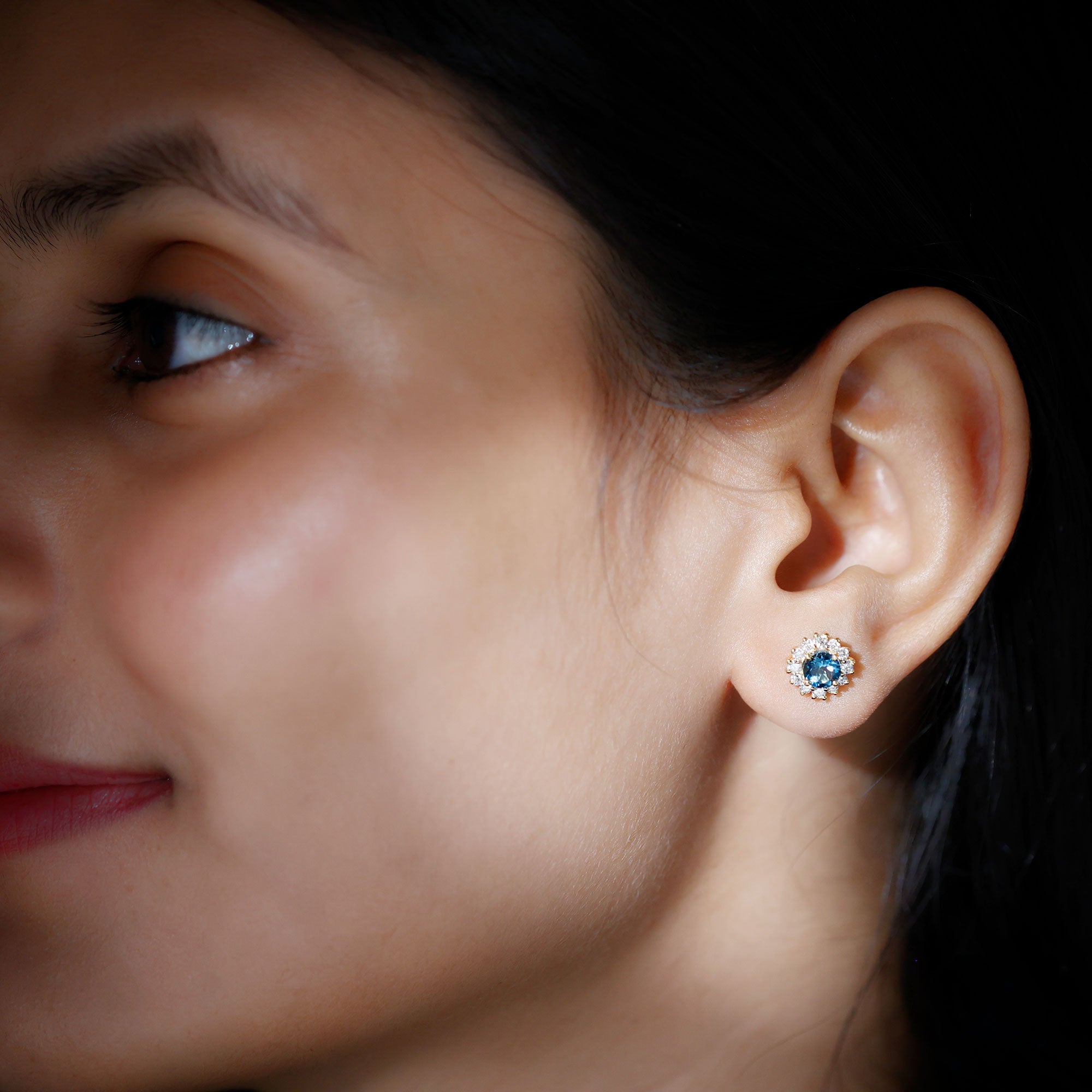 Real London Blue Topaz and Diamond Halo Stud Earrings AAA - Rosec Jewels