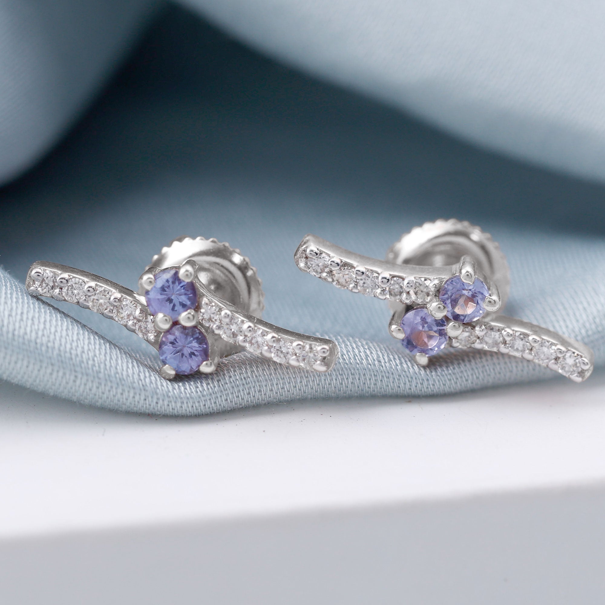 Real Tanzanite and Diamond Minimal Stud Earrings Tanzanite - ( AAA ) - Quality - Rosec Jewels