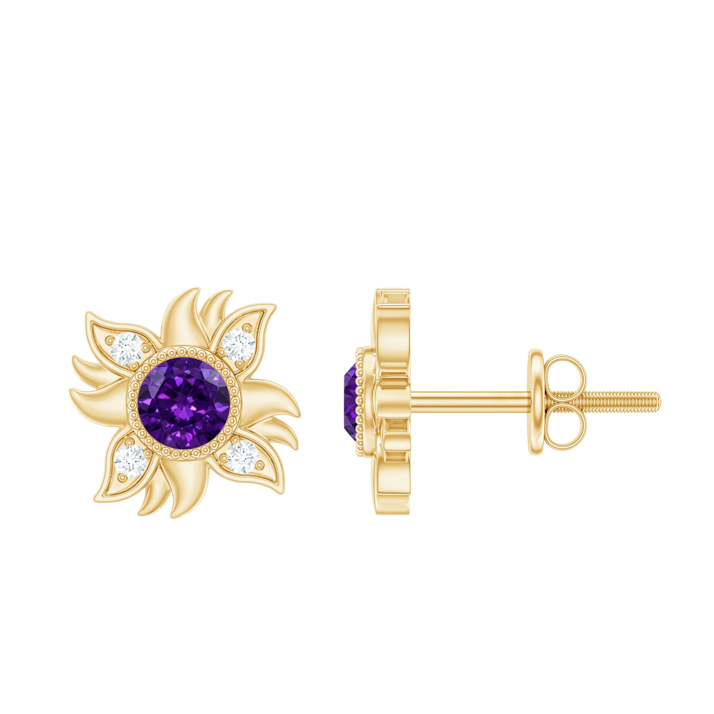 0.9 Carat Round Shape Amethyst and Diamond Sunburst Stud Earrings AAA - Rosec Jewels
