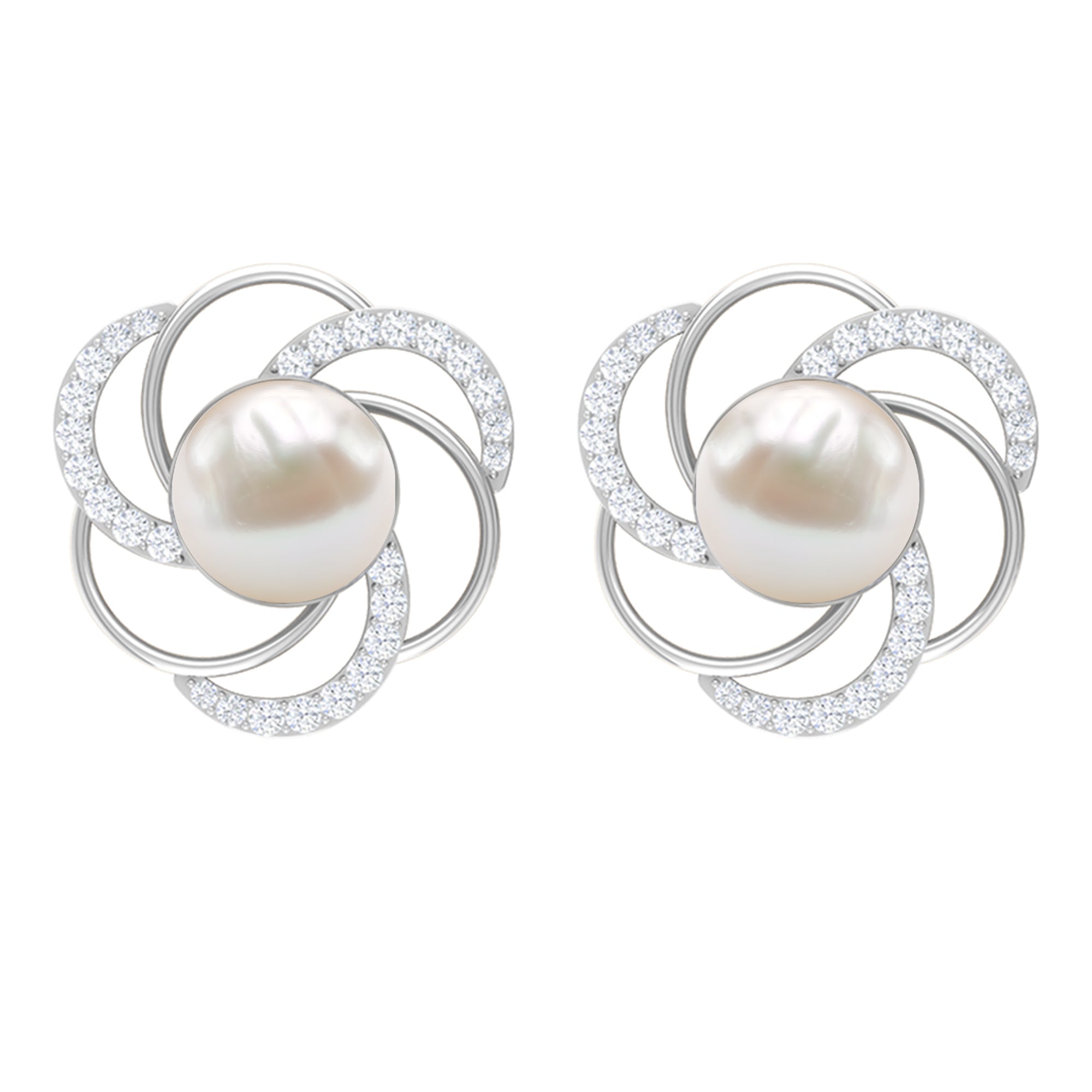 Round Freshwater Pearl Big Stud Earrings with Diamonds AAA - Rosec Jewels
