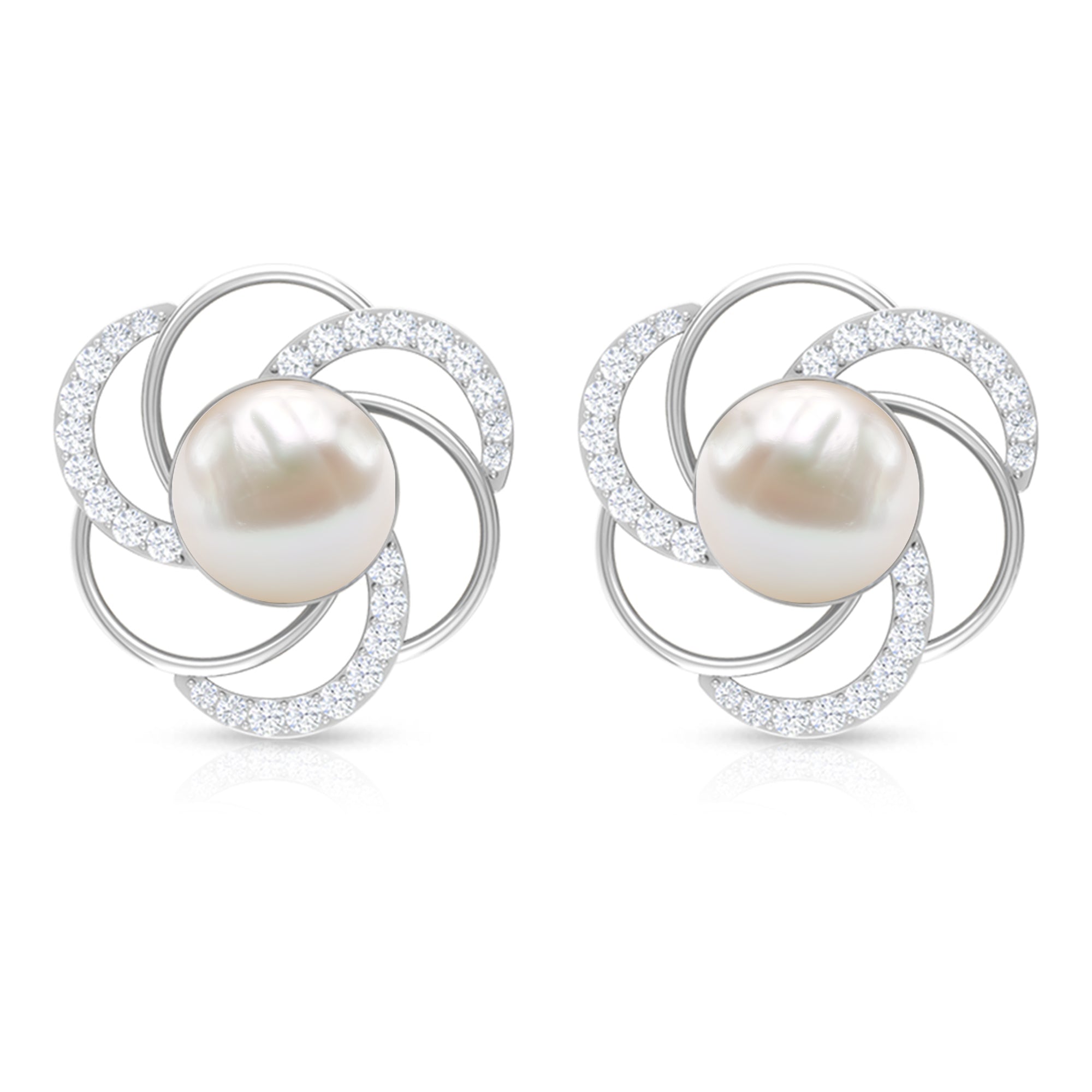 Round Freshwater Pearl Big Stud Earrings with Diamonds AAA - Rosec Jewels