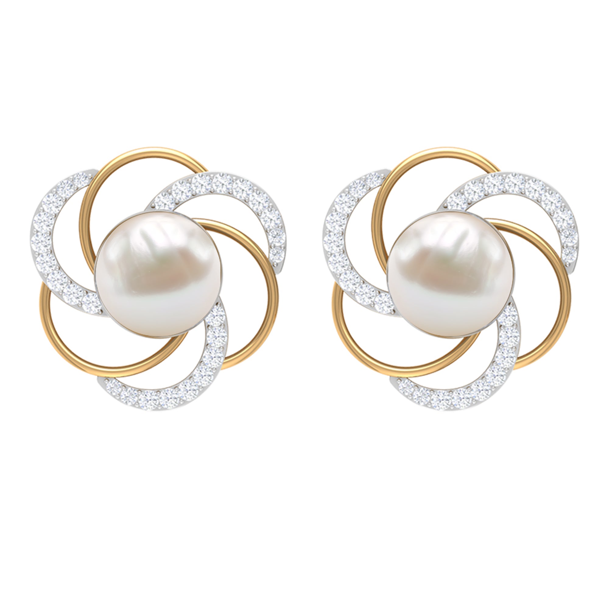 Round Freshwater Pearl Big Stud Earrings with Diamonds AAA - Rosec Jewels