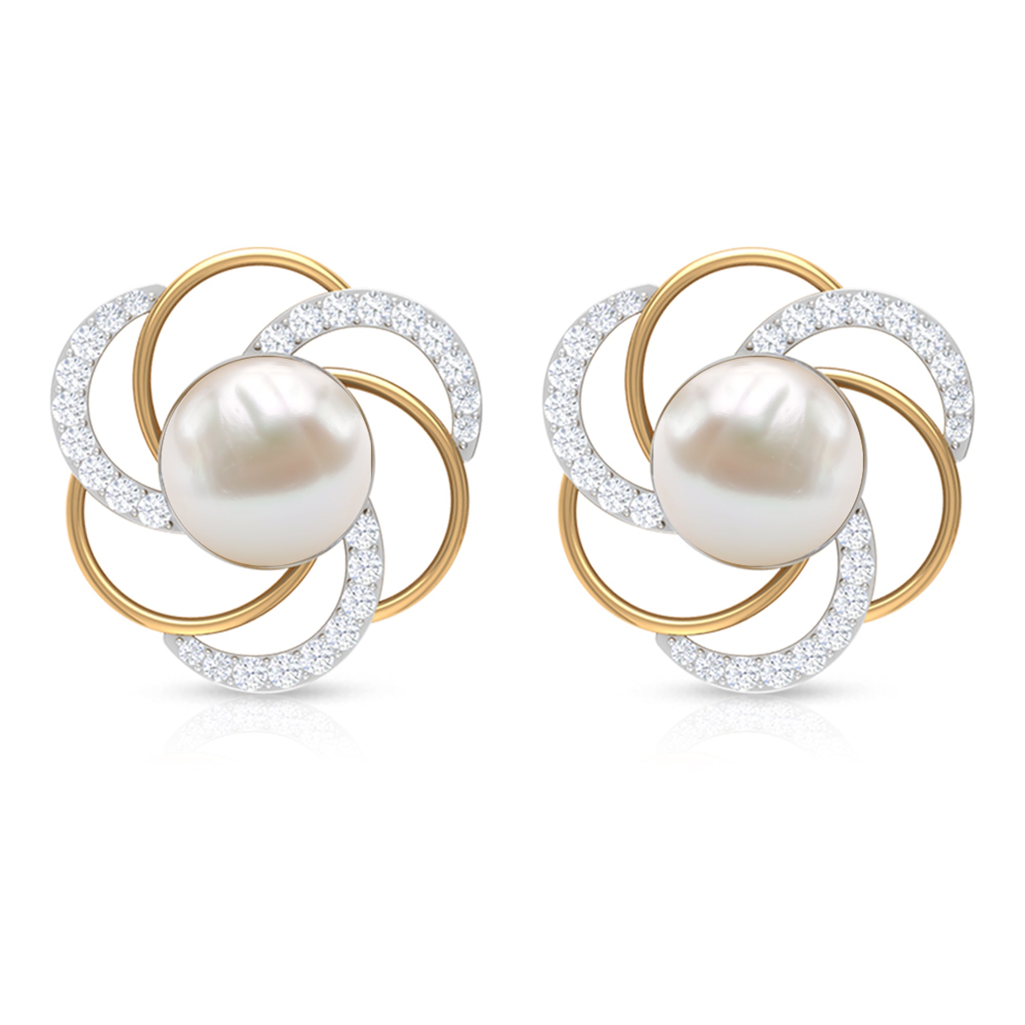 Round Freshwater Pearl Big Stud Earrings with Diamonds AAA - Rosec Jewels