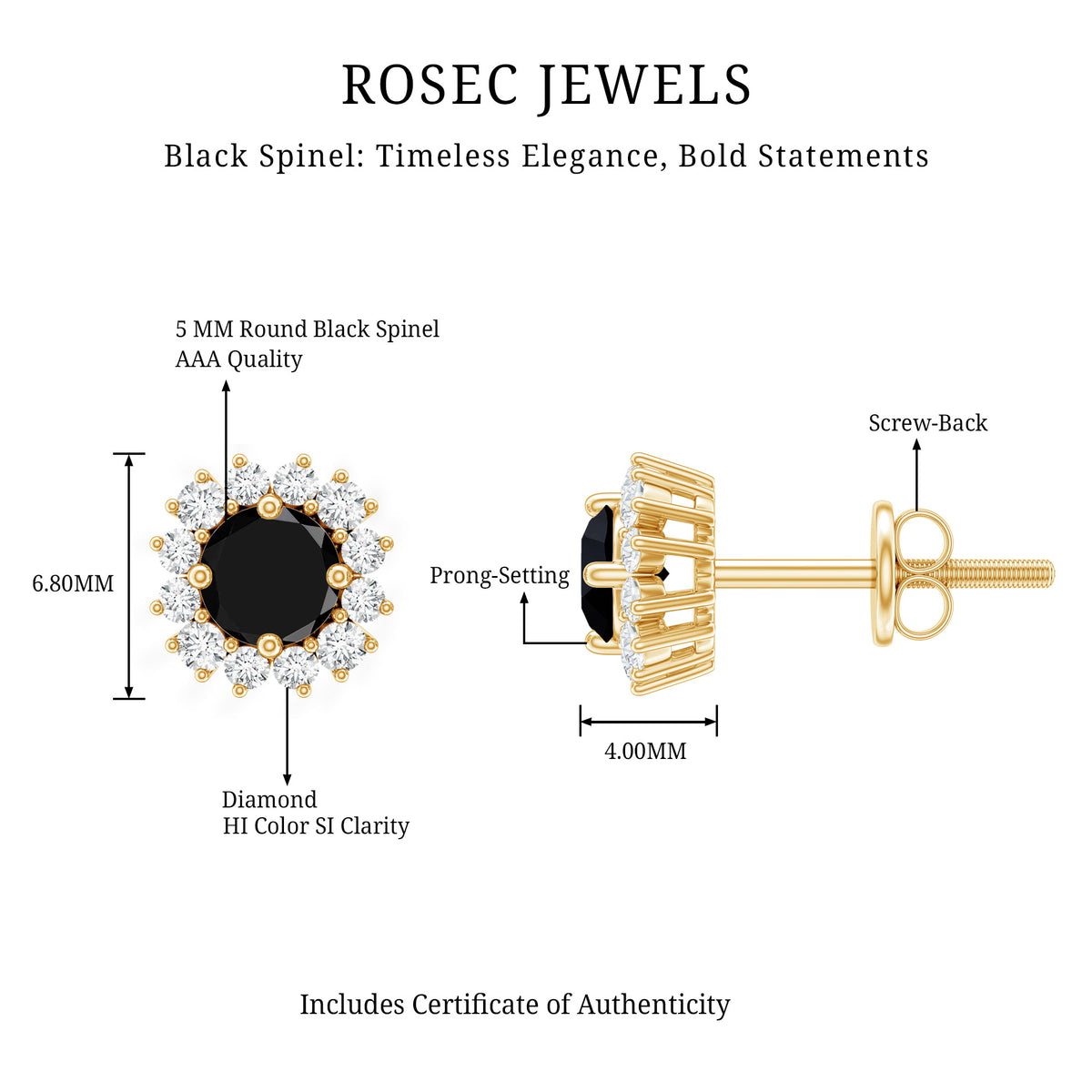 Certified Real Black Spinel Stud Earrings with Diamond Halo AAA - Rosec Jewels