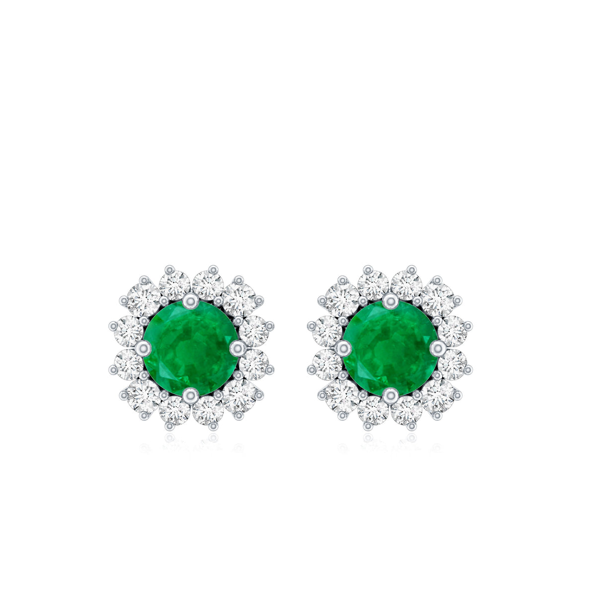 Natural Emerald Classic Stud Earrings with Diamond Halo AAA - Rosec Jewels