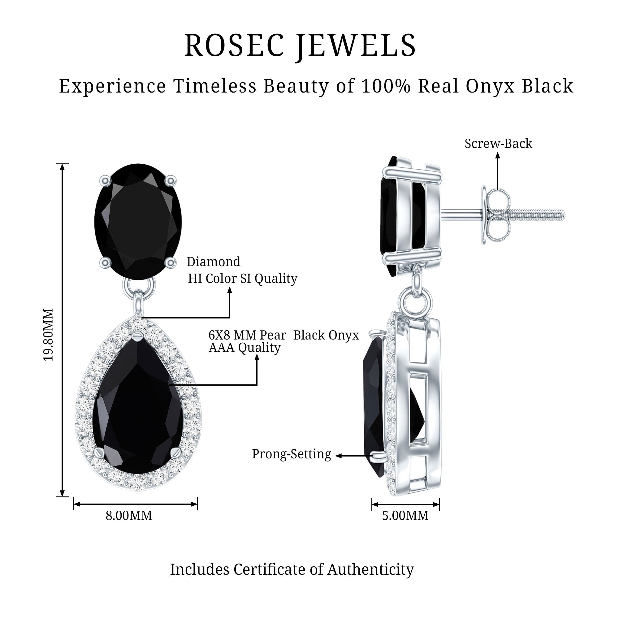 2 Carat Black Onyx and Diamond Dangle Drop Earrings AAA - Rosec Jewels