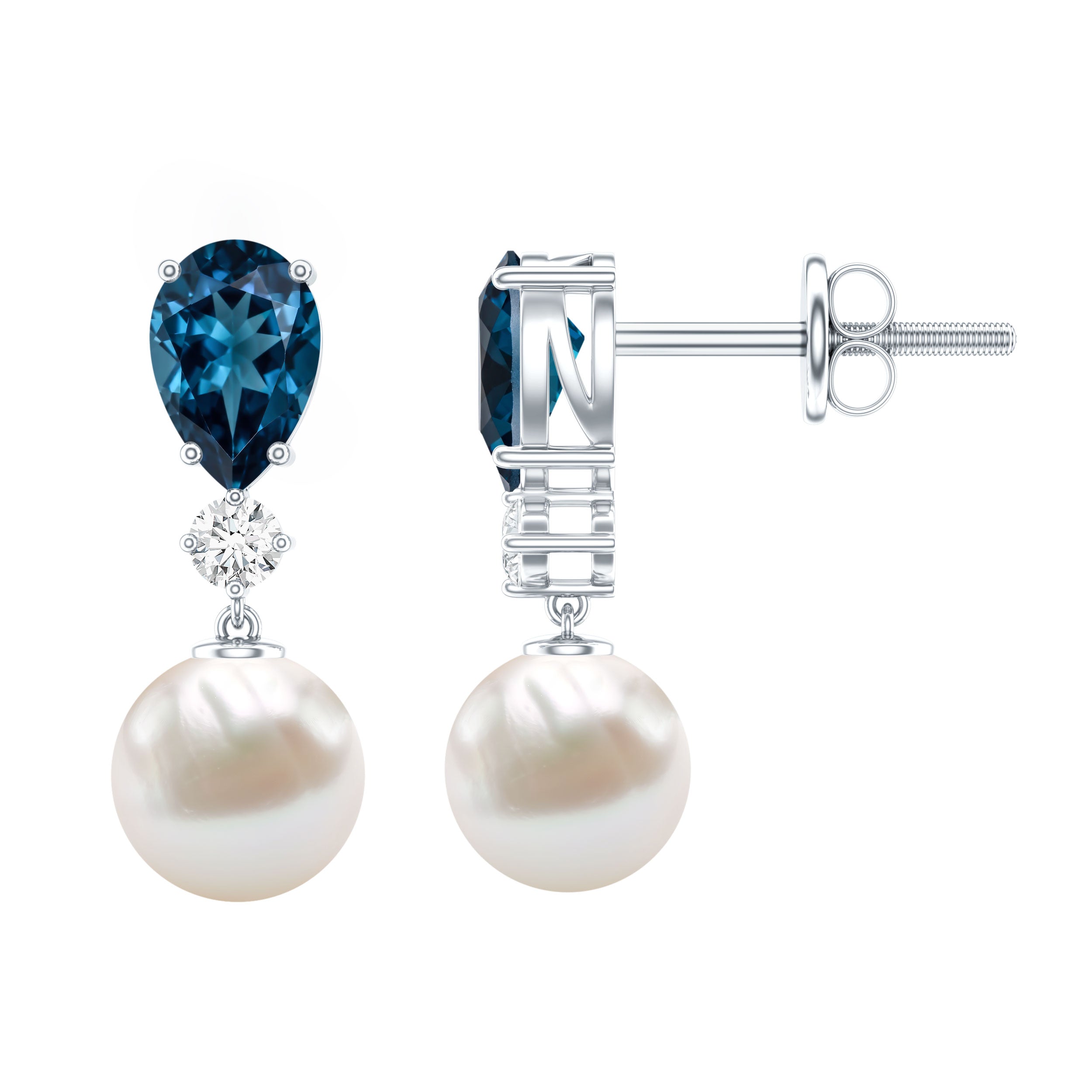 Genuine Freshwater Pearl Drop Earrings With London Blue Topaz AAA - Rosec Jewels