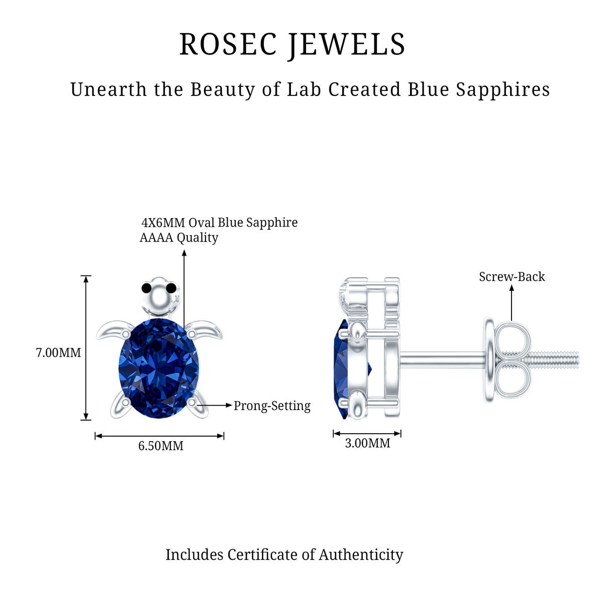 1.2 Carat Lab Created Blue Sapphire Turtle Stud Earrings AAAA - Rosec Jewels