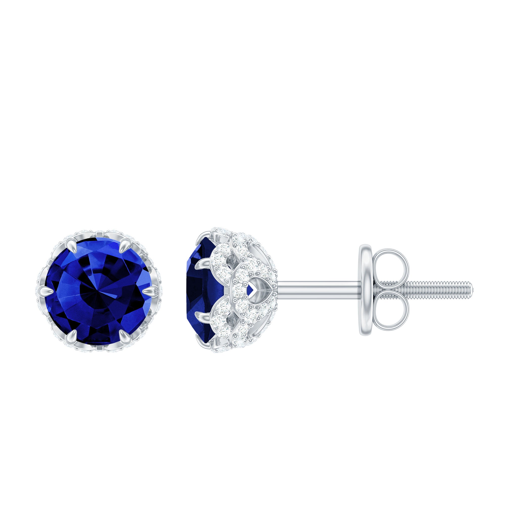 Solitaire Lab Created Blue Sapphire Stud Earrings with Diamonds
