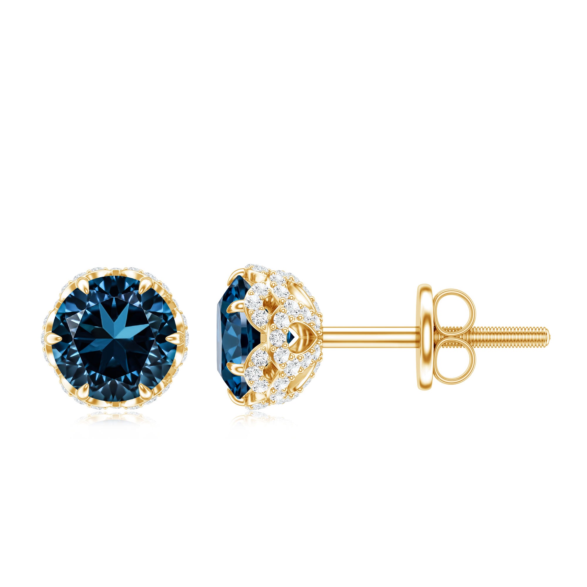 Designer London Blue Topaz Stud Earrings with Diamond AAA - Rosec Jewels