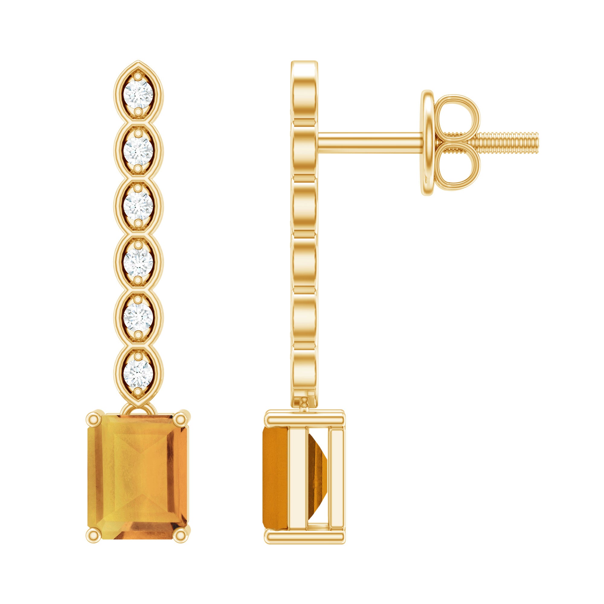 Rosec Jewels-Emerald Cut Citrine and Diamond Bar Drop Earrings in Silver