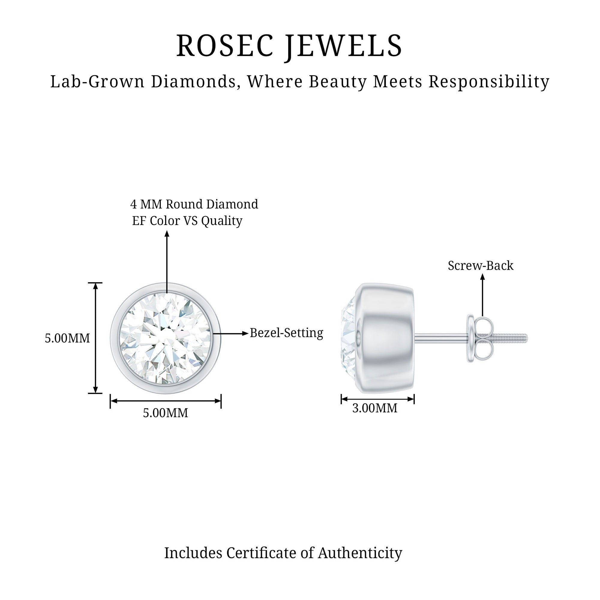 Rosec Jewels-Bezel Set Lab Grown Diamond Solitaire Stud Earrings