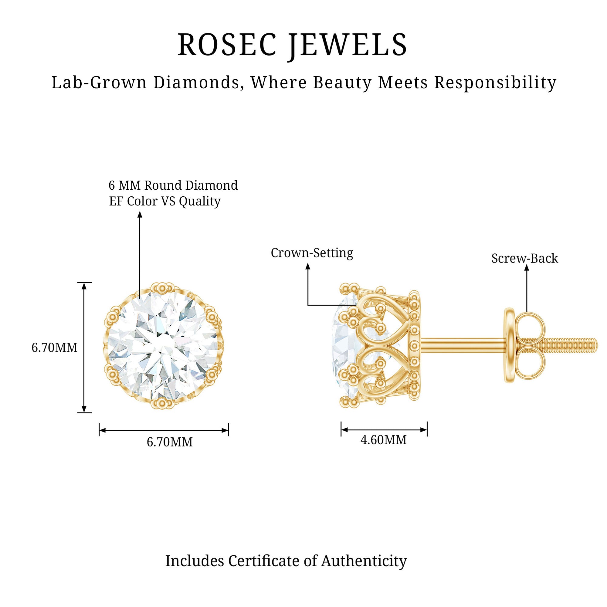 Rosec Jewels-Certified Lab Created Diamond Crown Earrings for Women