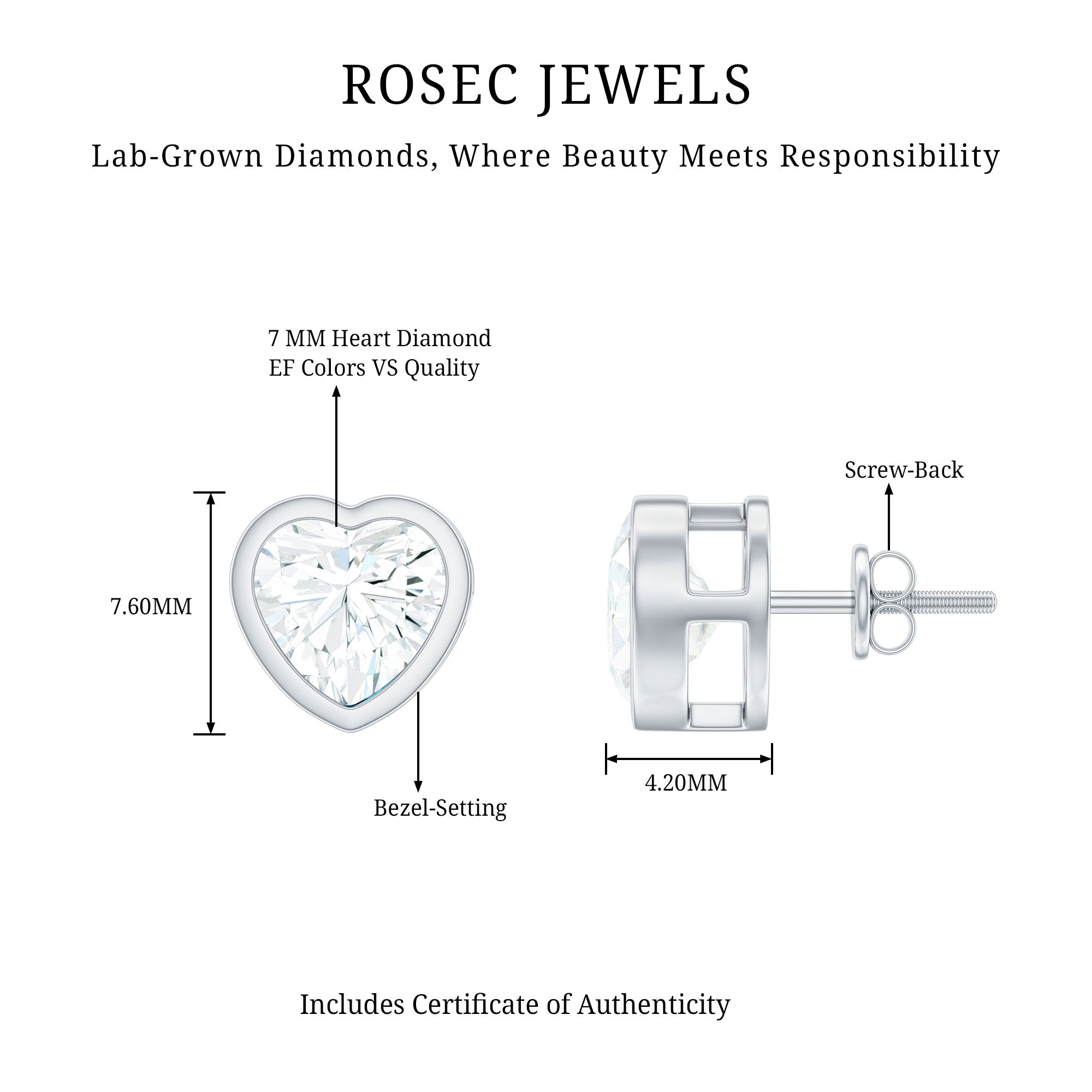 Rosec Jewels-Certified Bezel Set 7mm Lab Grown Diamond Heart Earrings