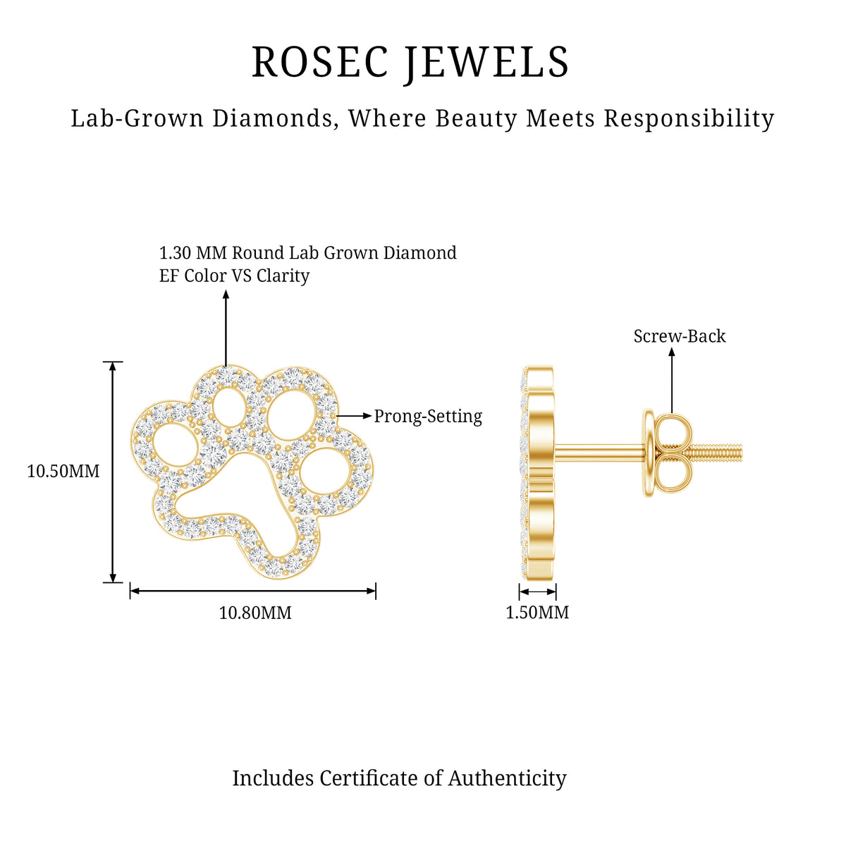 Lab Grown Diamond Paw Print Earrings For Women Lab - ( EF-VS ) - Rosec Jewels