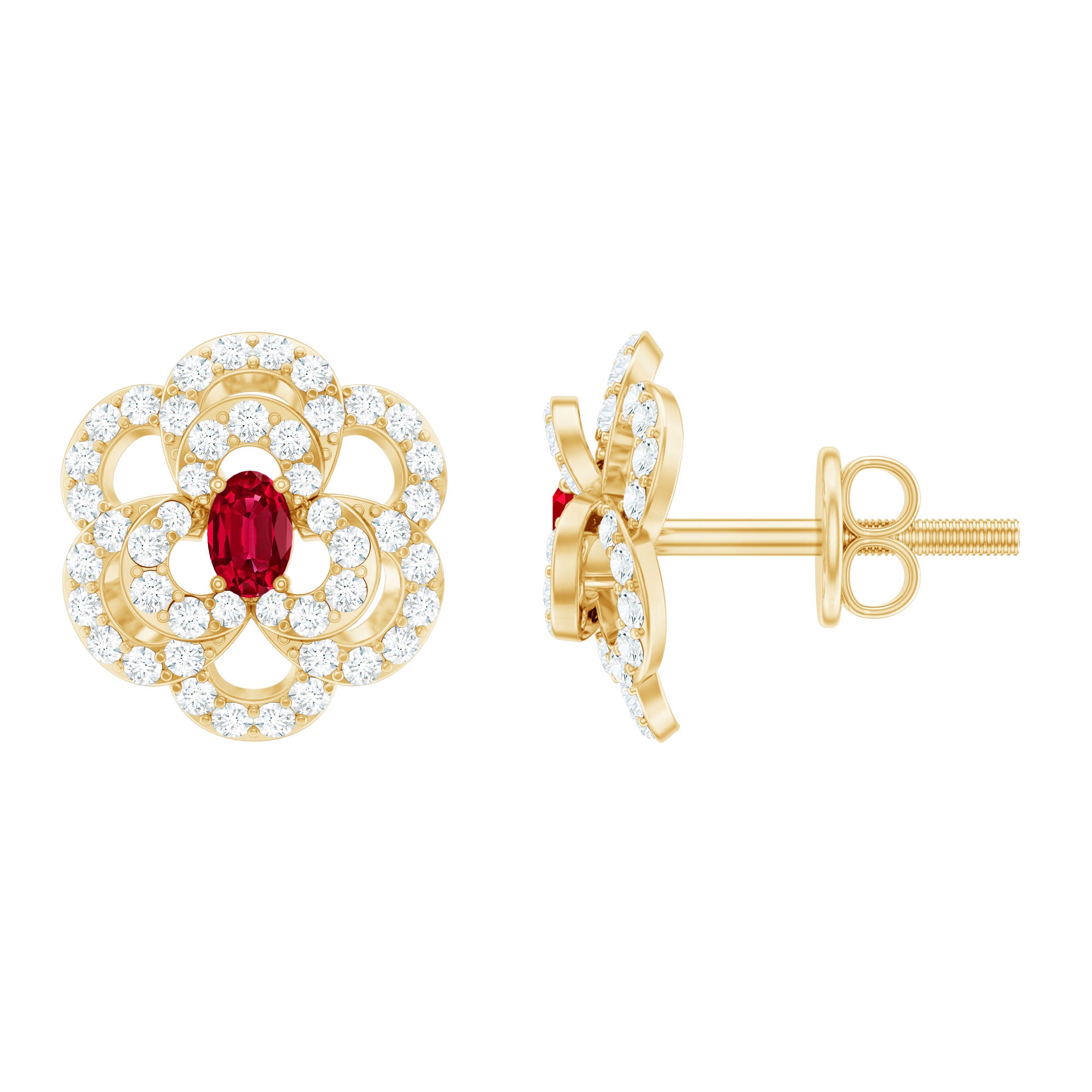 Rosec Jewels-Nature Inspired Lab Grown Ruby Diamond Flower Stud Earrings