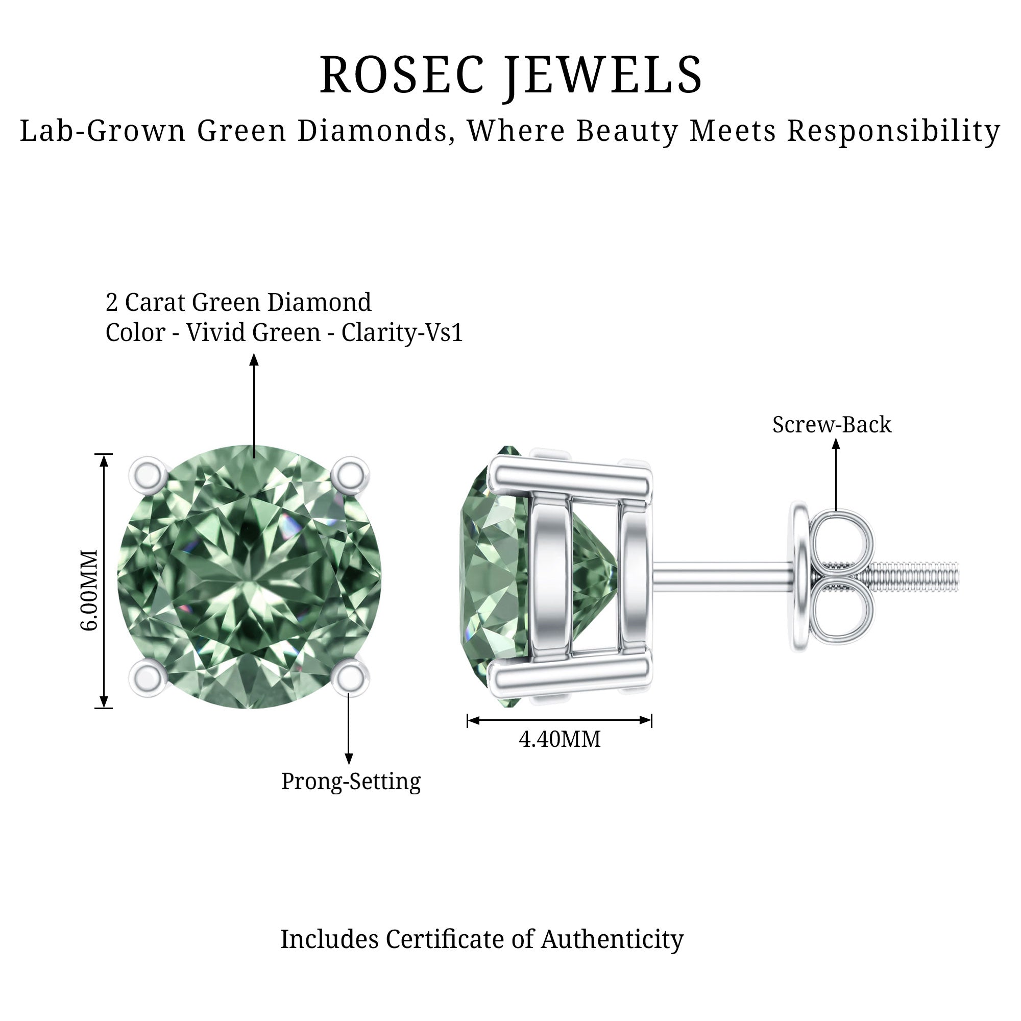 Rosec Jewels-2 Carat Solitaire Lab Grown Green Diamond Stud Earrings with IGI Certificate
