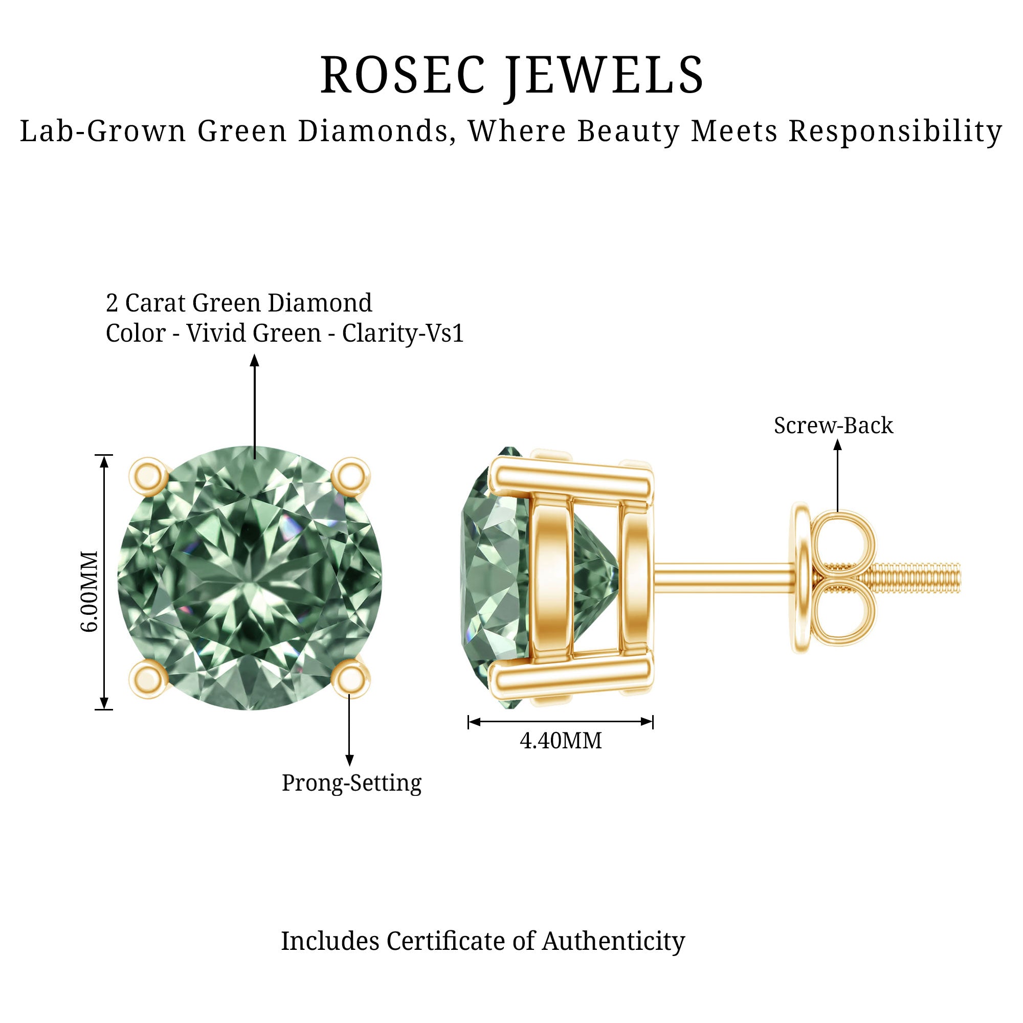 Rosec Jewels-2 Carat Solitaire Lab Grown Green Diamond Stud Earrings with IGI Certificate