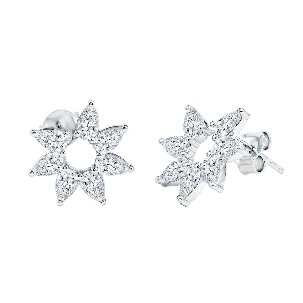 Rosec Jewels-Pear Cut Lab Grown Diamond Flower Stud Earrings with Screw Back
