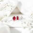 3 CT Oval Lab-Created Ruby Bridal Stud Earrings with Diamond AAAA - Rosec Jewels