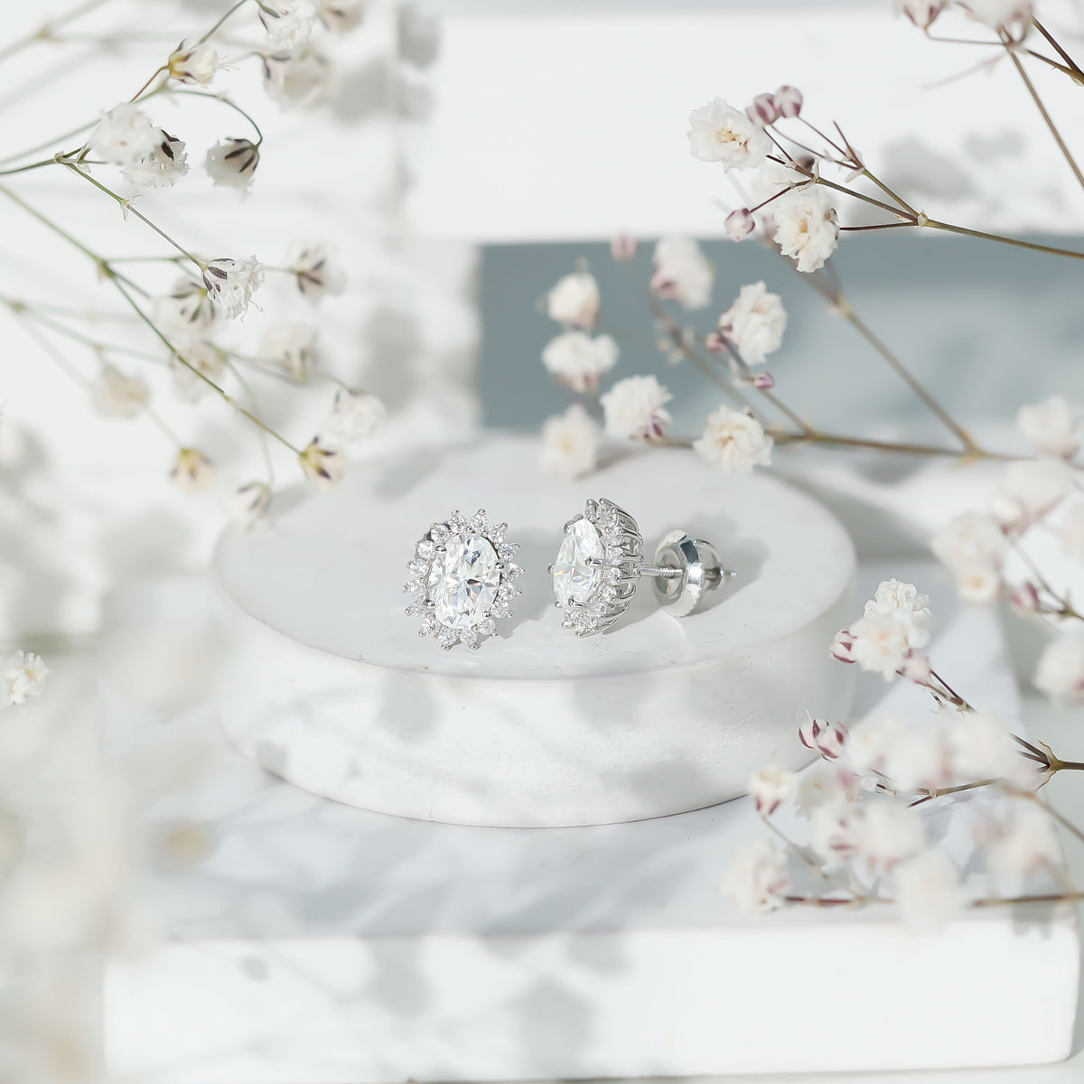 1.9 Carat Oval Moissanite Classic Stud Earrings With Halo D-VS1 - Rosec Jewels