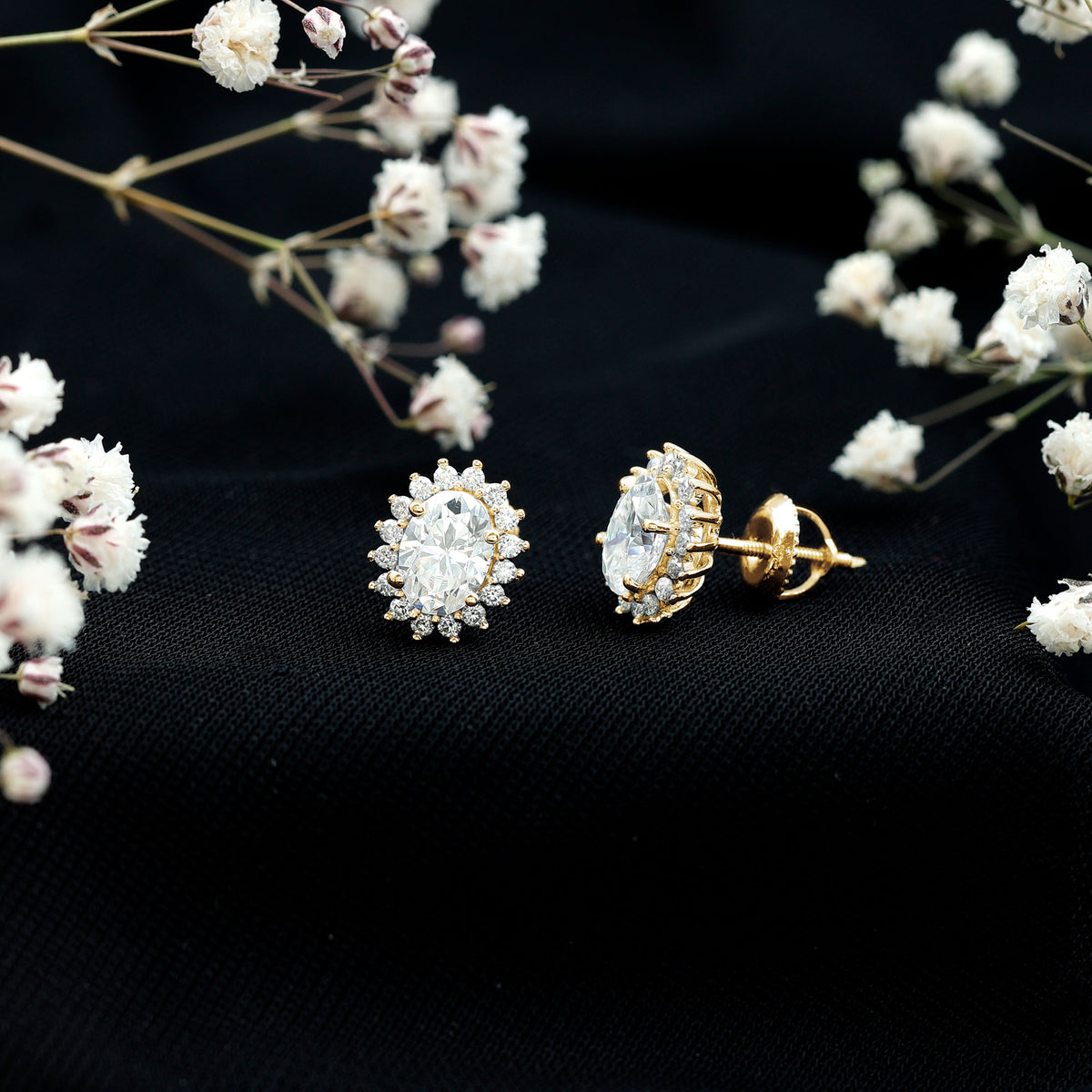 1.9 Carat Oval Moissanite Classic Stud Earrings With Halo D-VS1 - Rosec Jewels