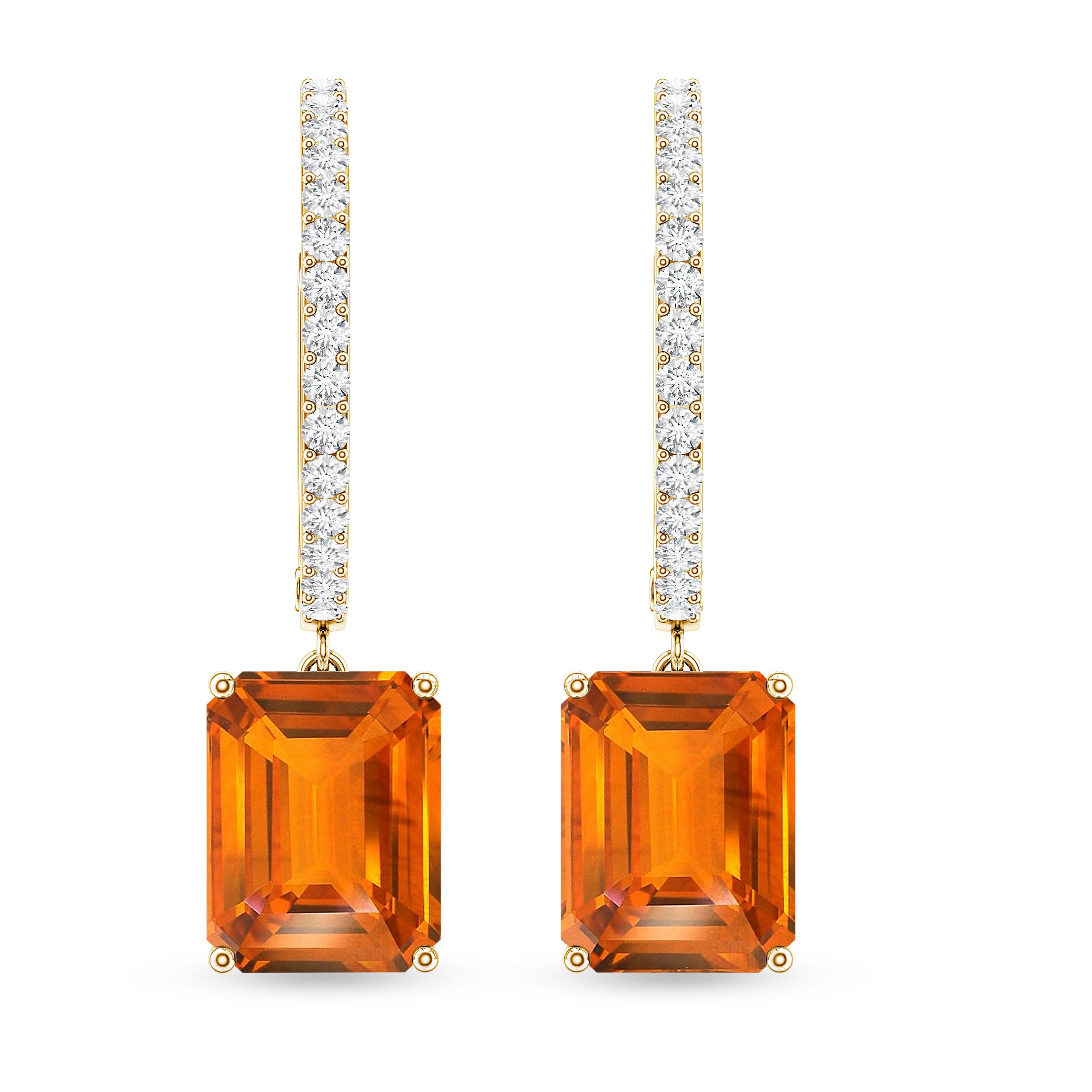 Emerald Cut Lab Grown Orange Sapphire Drop Hoop Earrings with Diamond AAAA - Rosec Jewels