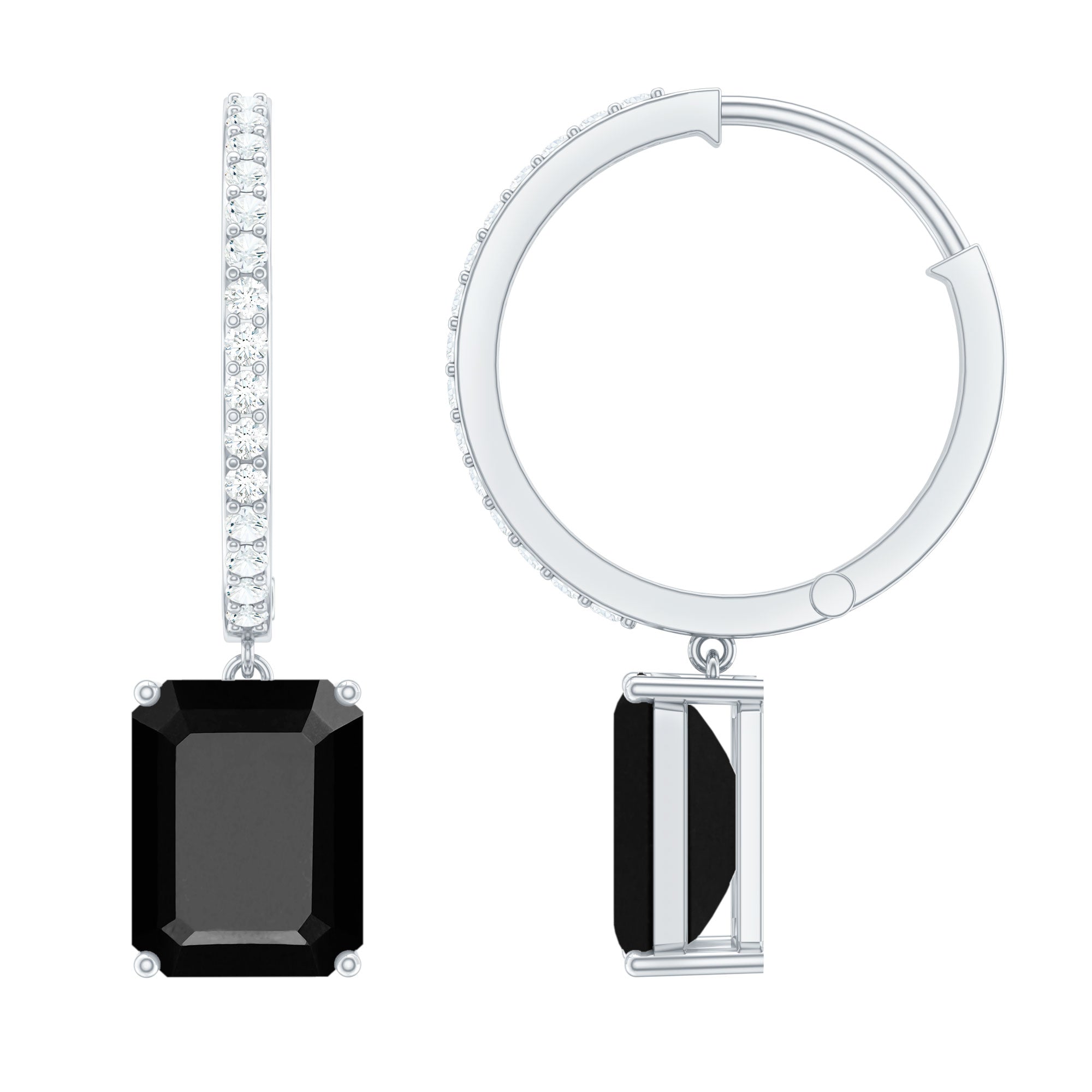 Natural 7X9mm Emerald Cut Black Onyx Hoop Drop Earrings with Diamond