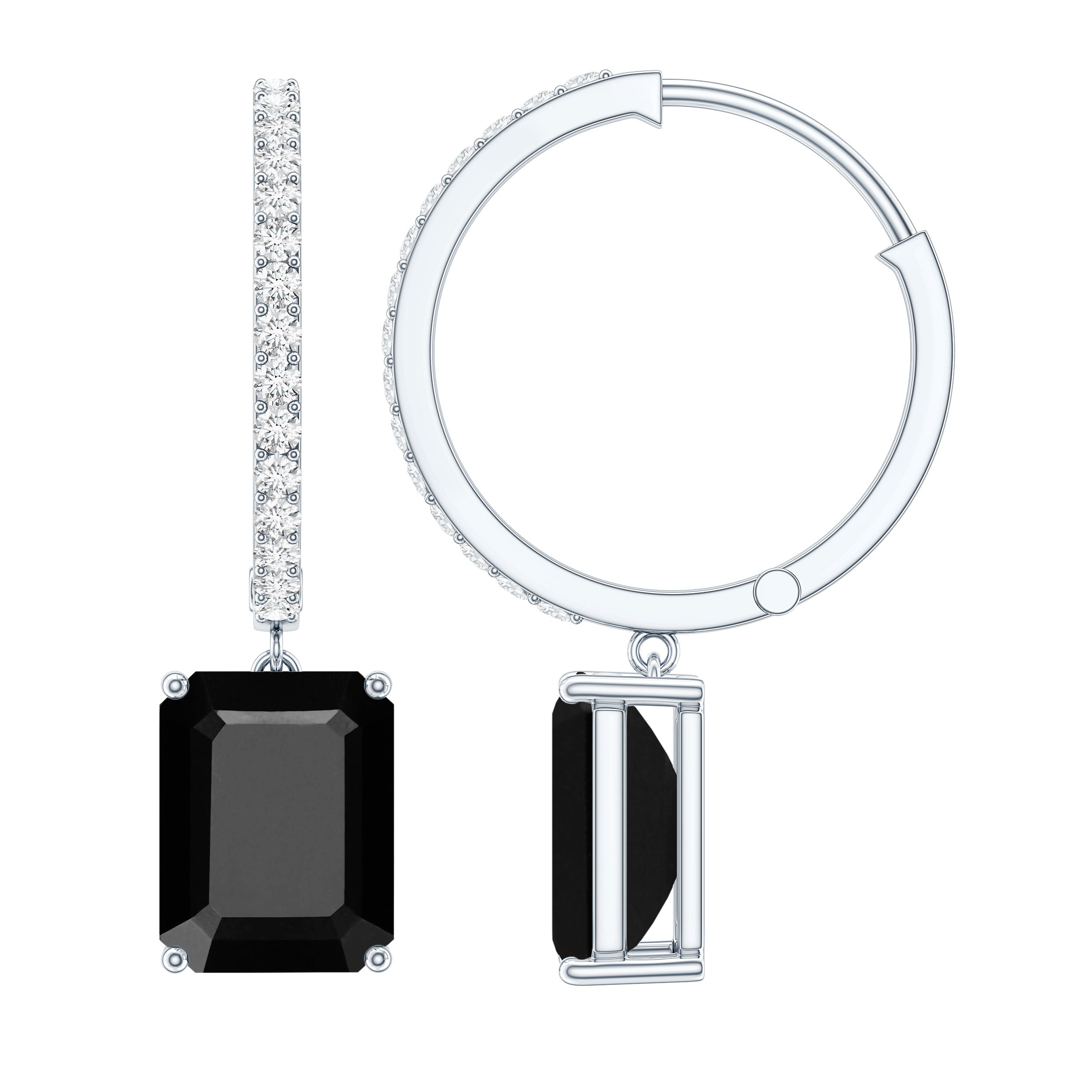 Natural 7X9mm Emerald Cut Black Onyx Hoop Drop Earrings with Diamond AAA - Rosec Jewels