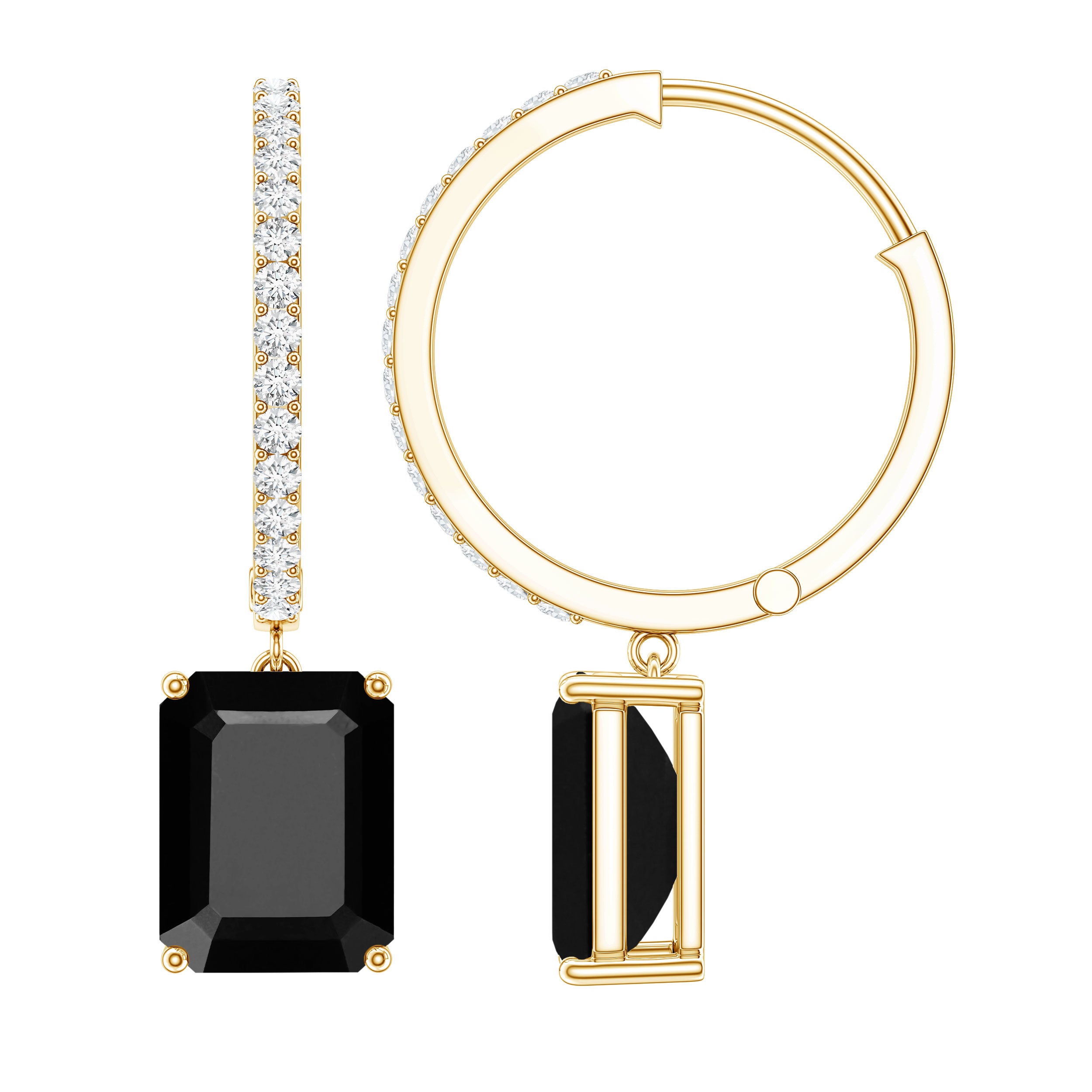 Natural 7X9mm Emerald Cut Black Onyx Hoop Drop Earrings with Diamond AAA - Rosec Jewels