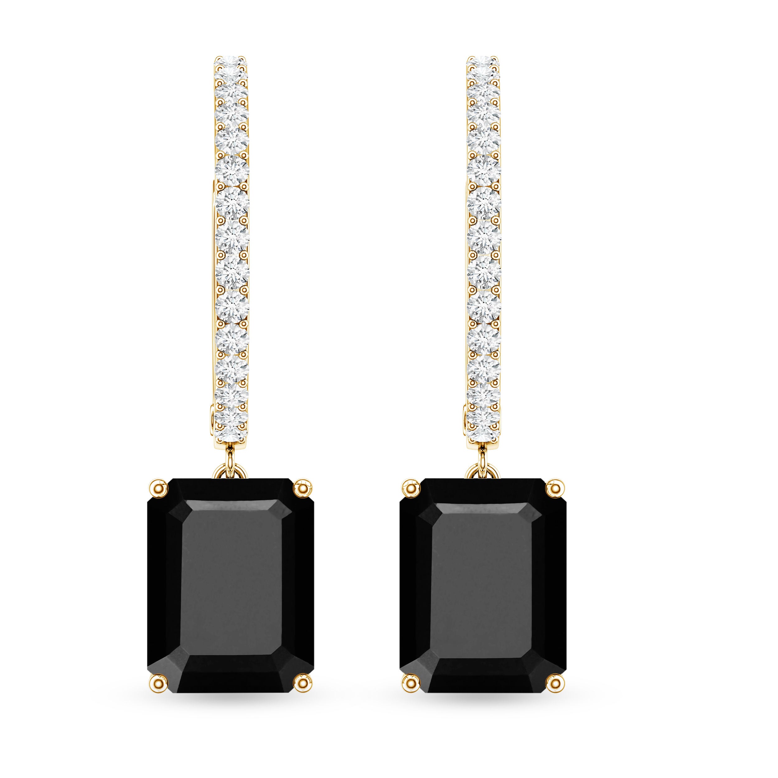 Natural 7X9mm Emerald Cut Black Onyx Hoop Drop Earrings with Diamond AAA - Rosec Jewels