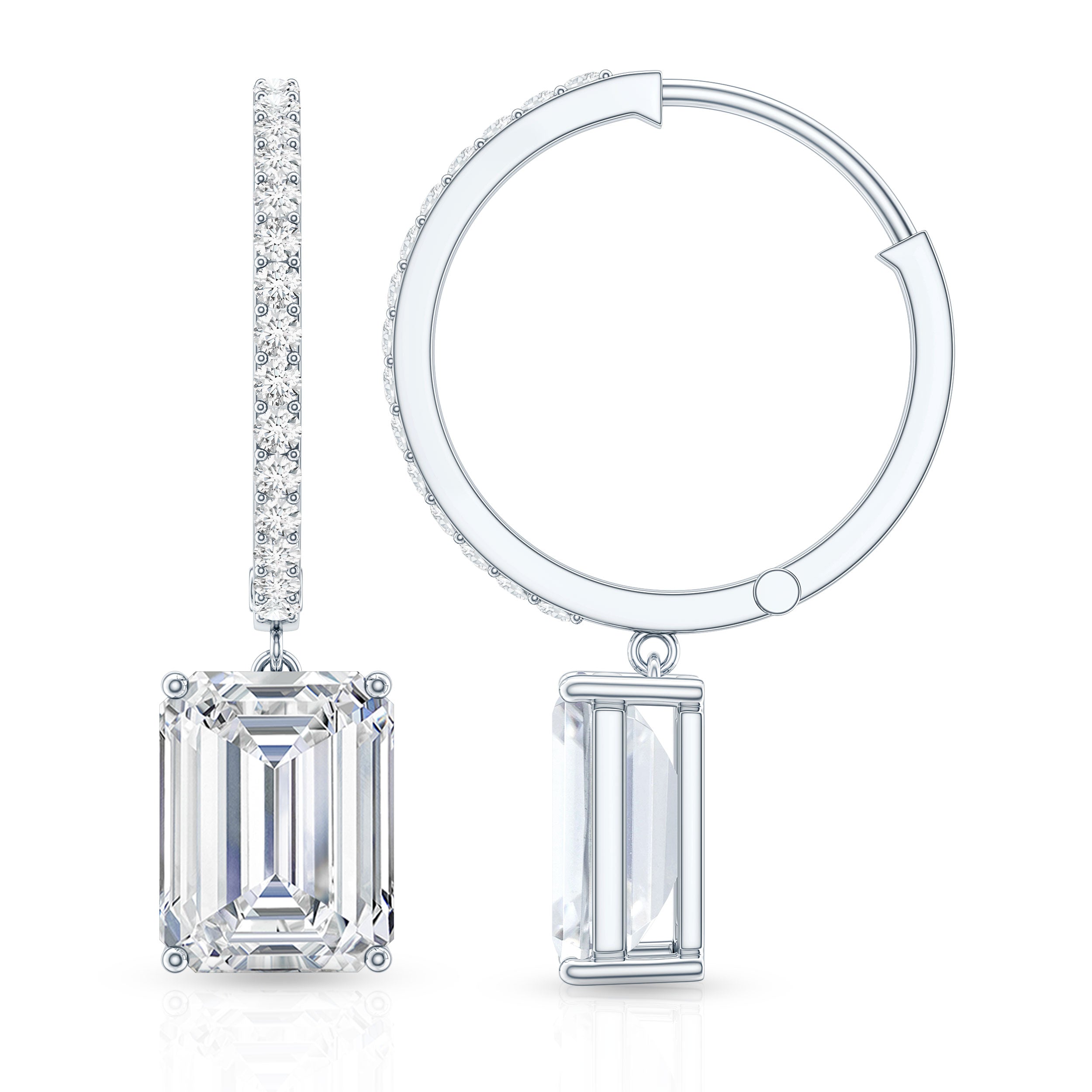 Certified 2.8 Carat Emerald Cut Moissanite Drop Hoop Earrings D-VS1 - Rosec Jewels