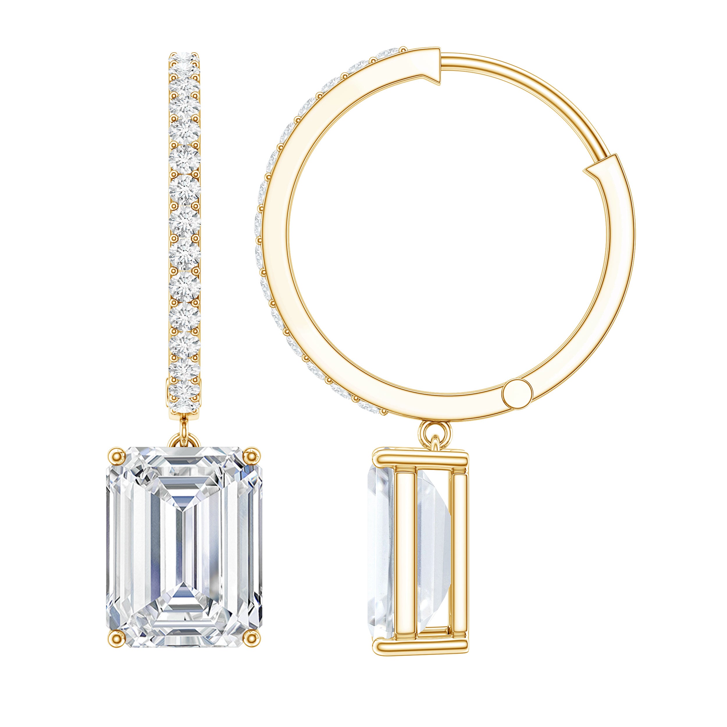 Certified 2.8 Carat Emerald Cut Moissanite Drop Hoop Earrings D-VS1 - Rosec Jewels