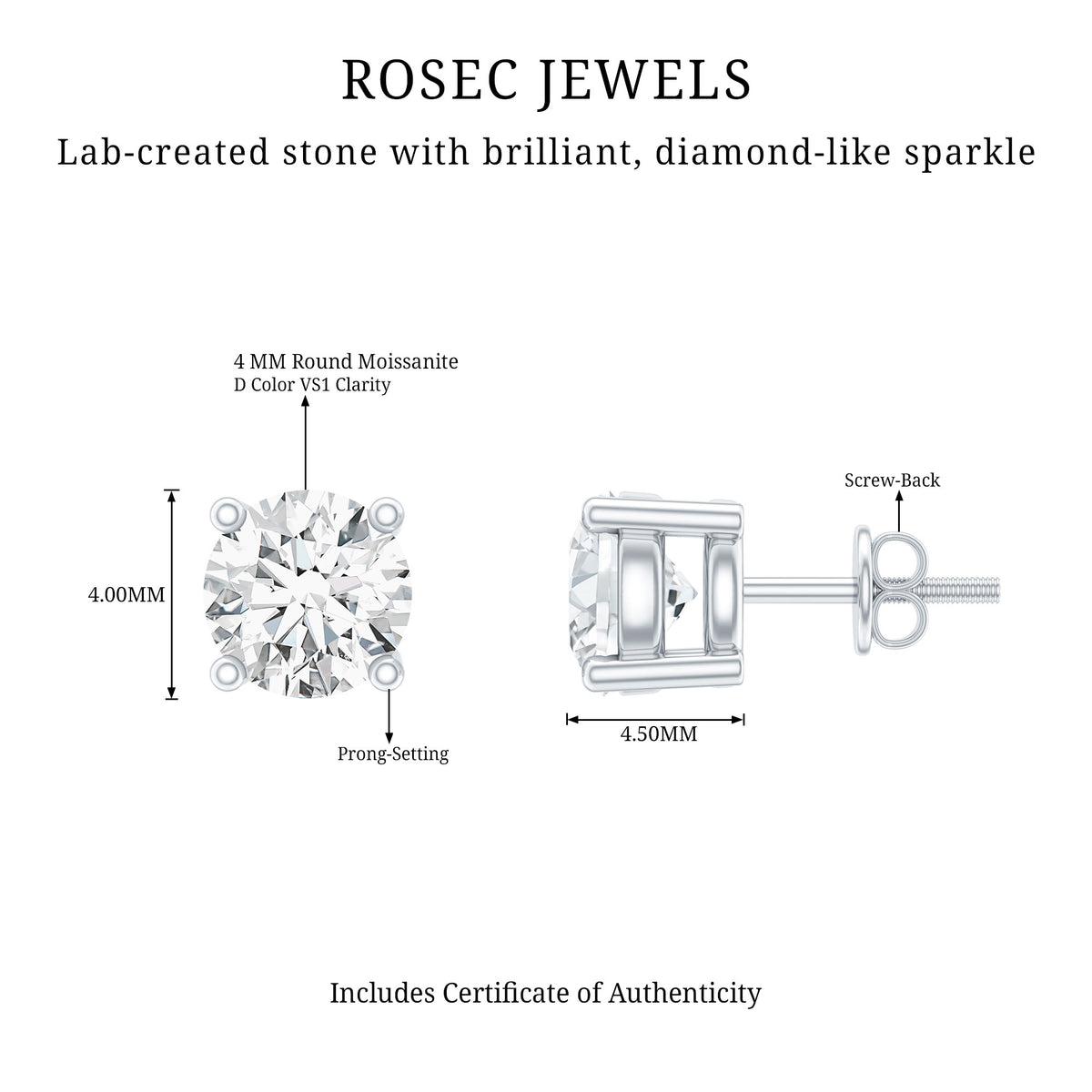 Round Moissanite Solitaire Stud Earrings in Prong Setting D-VS1 - Rosec Jewels