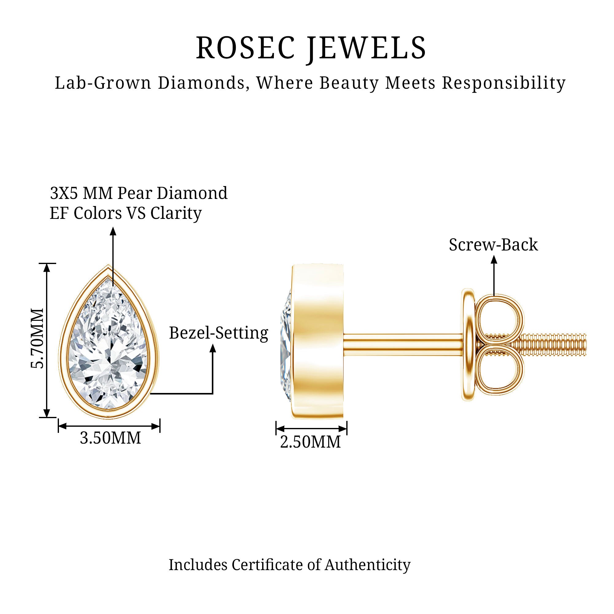 Bezel Set Diamond Tiny Stud Earrings Lab - ( EF-VS ) - Rosec Jewels
