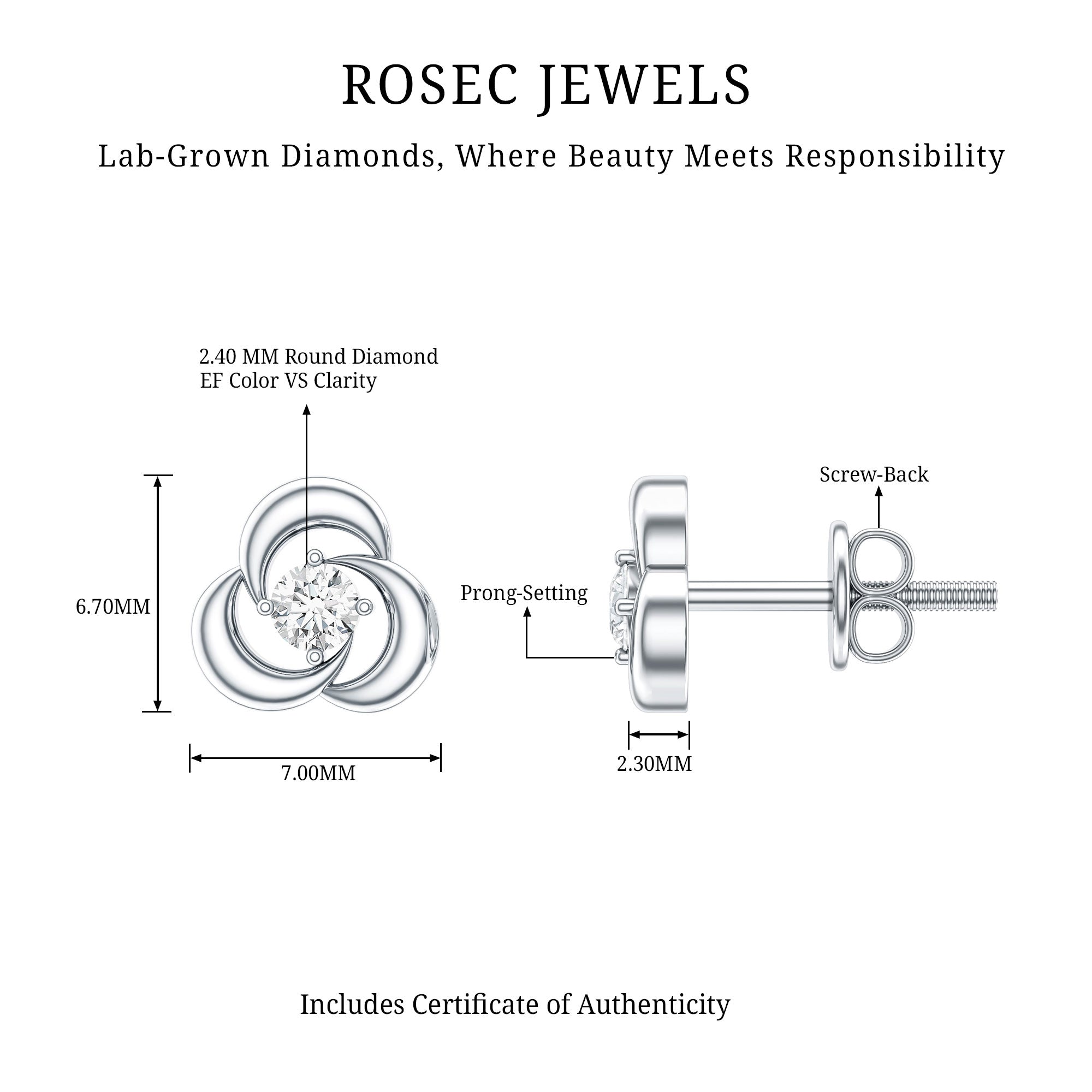 Diamond Swirl Stud Earring with Screw Back Lab - ( EF-VS ) - Rosec Jewels