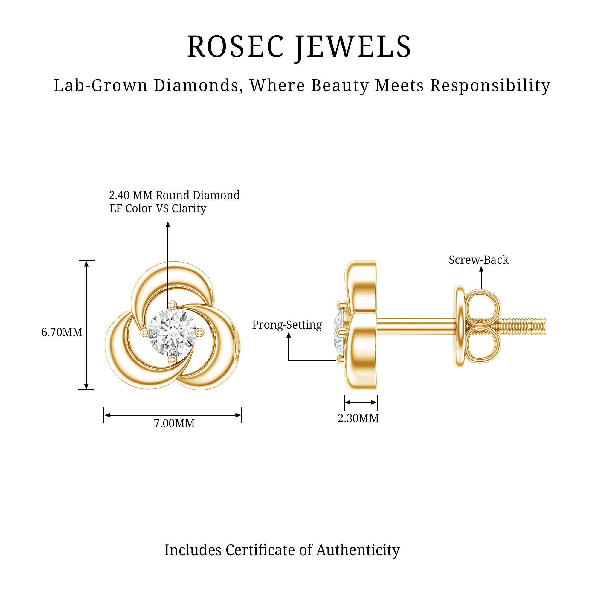 Diamond Swirl Stud Earring with Screw Back Lab - ( EF-VS ) - Rosec Jewels