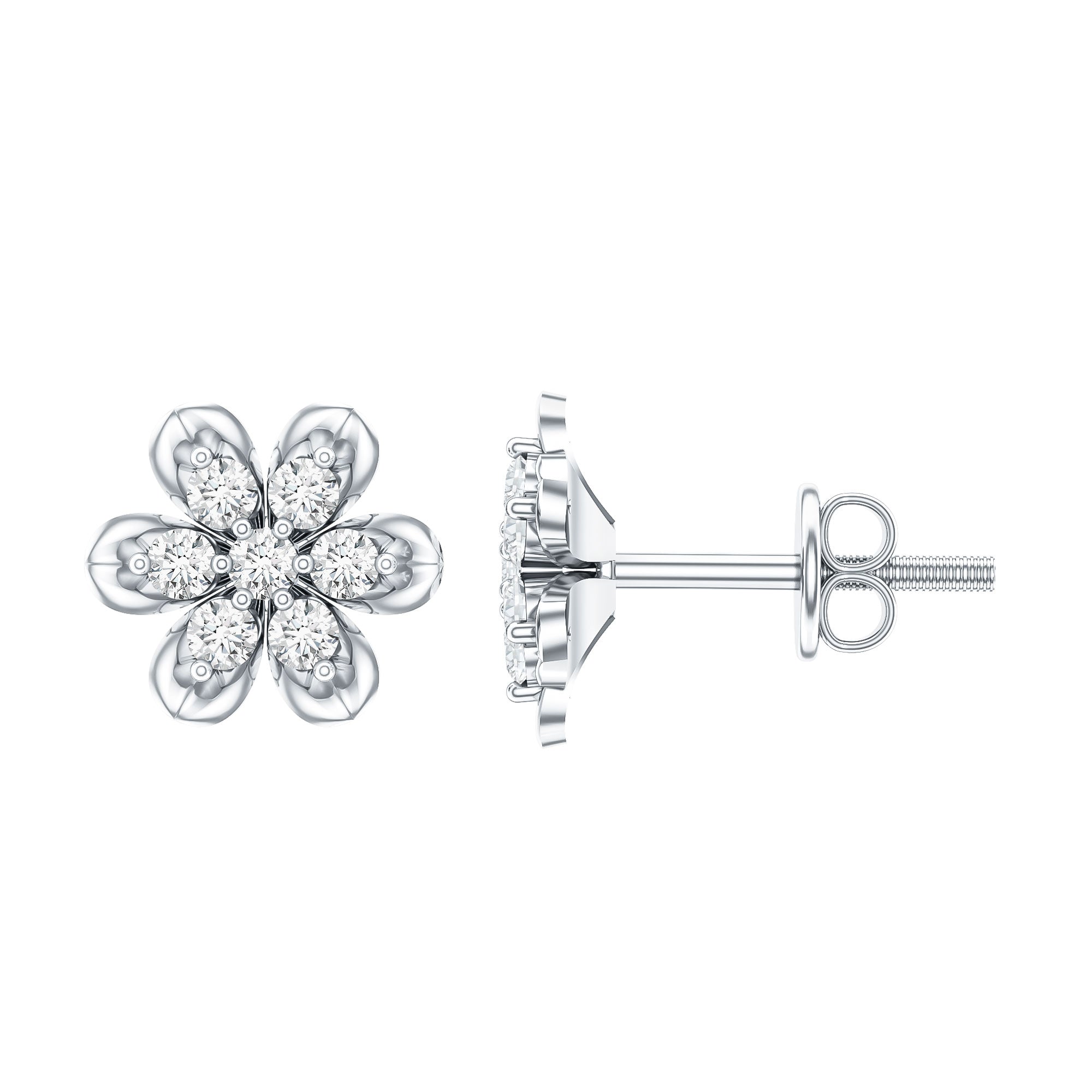 Brilliant Cut Diamond Flower Stud Earrings with Screw Back Lab - ( EF-VS ) - Rosec Jewels
