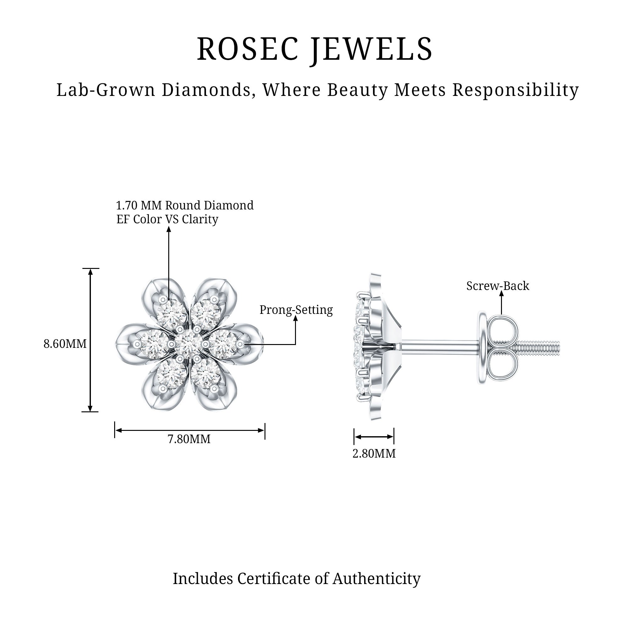 Brilliant Cut Diamond Flower Stud Earrings with Screw Back Lab - ( EF-VS ) - Rosec Jewels