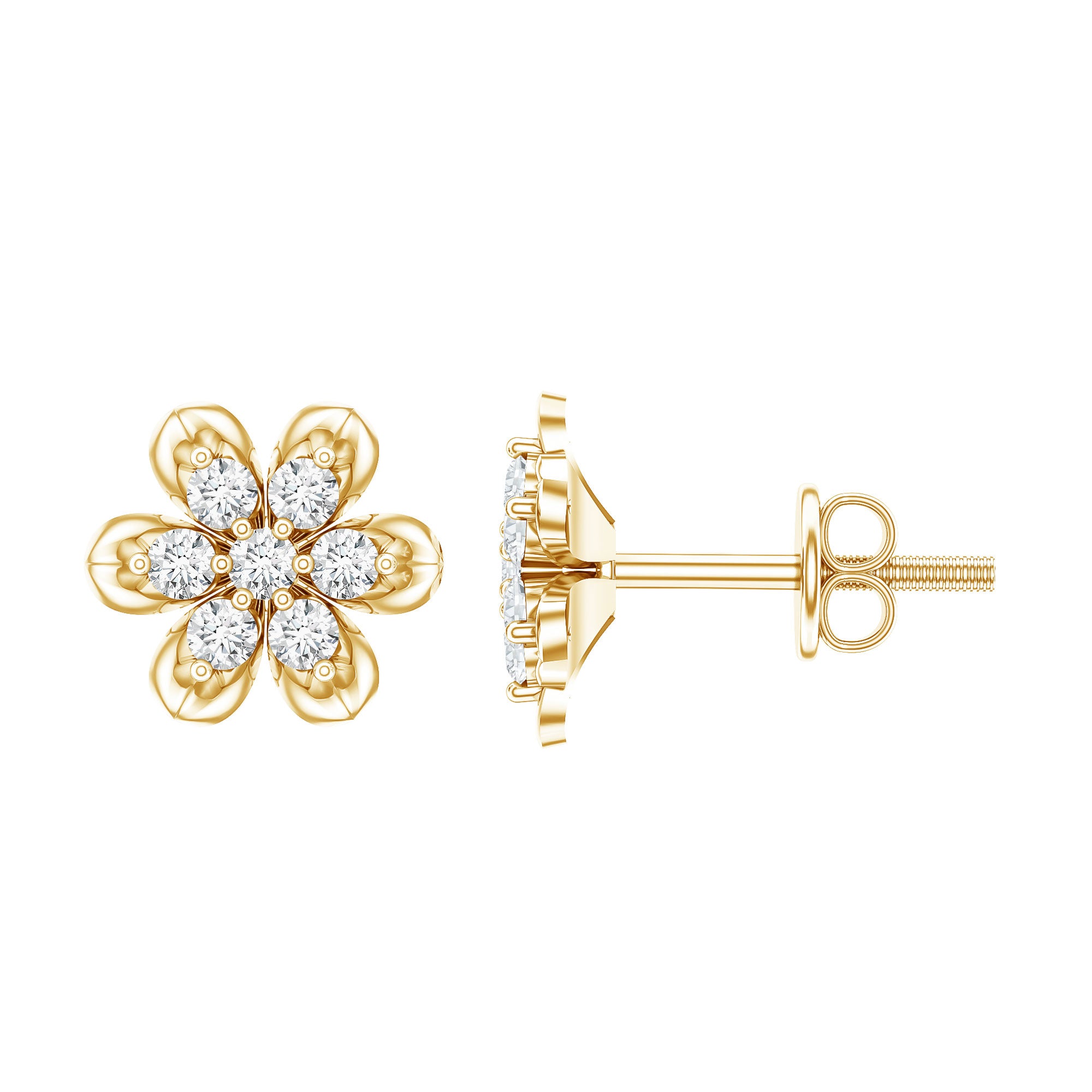 Brilliant Cut Diamond Flower Stud Earrings with Screw Back Lab - ( EF-VS ) - Rosec Jewels