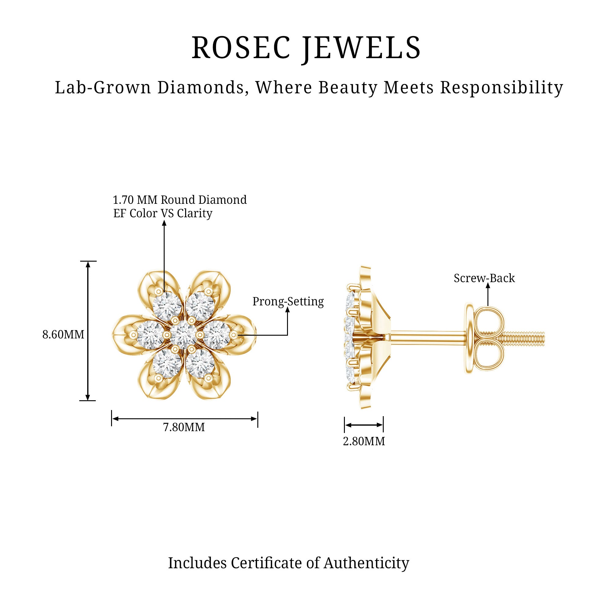 Brilliant Cut Diamond Flower Stud Earrings with Screw Back Lab - ( EF-VS ) - Rosec Jewels