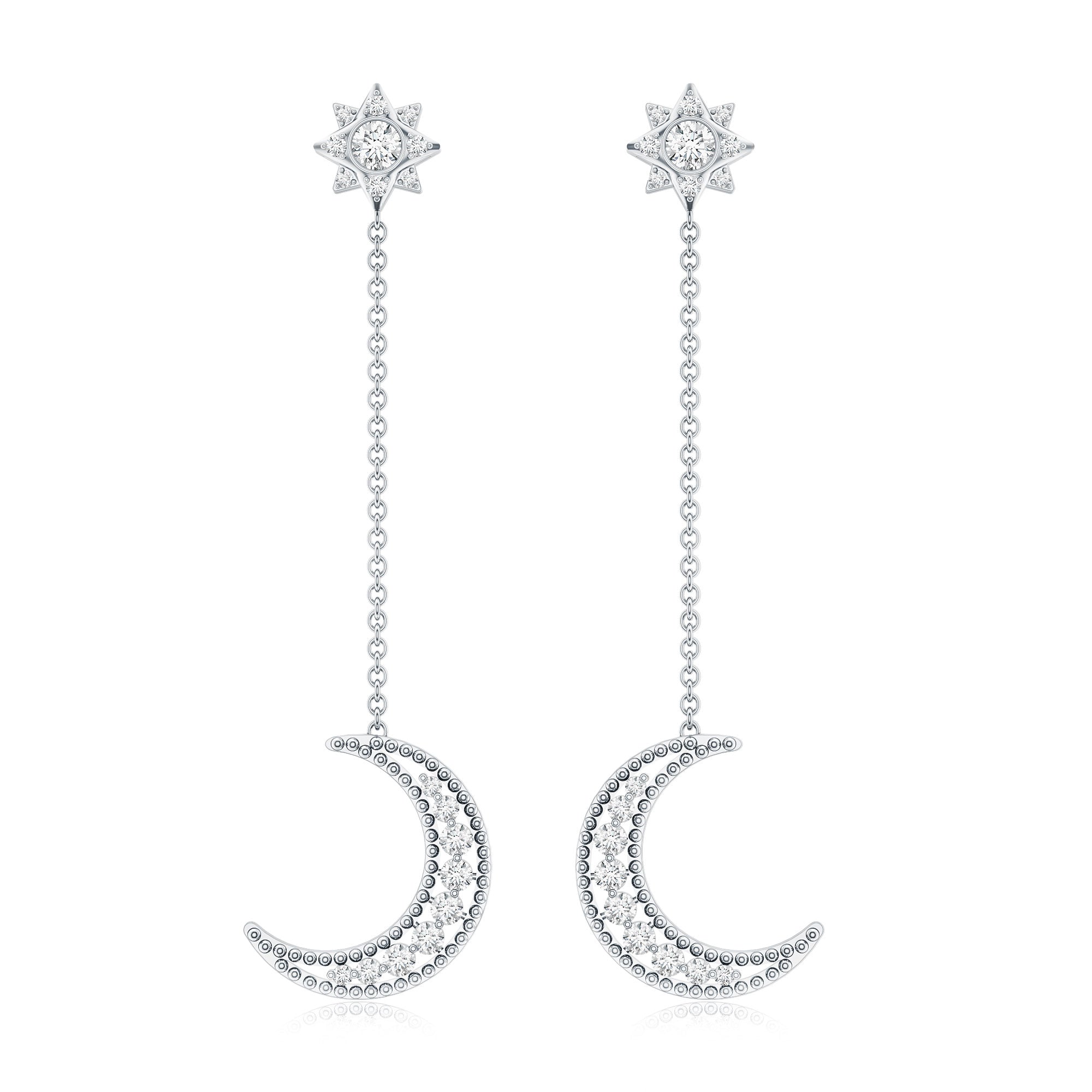 Certified Diamond Star and Moon Chain Earrings Lab - ( EF-VS ) - Rosec Jewels