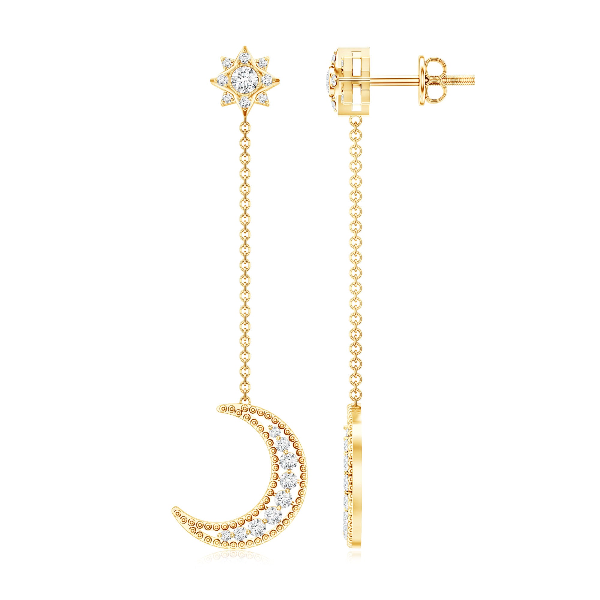 Certified Diamond Star and Moon Chain Earrings Lab - ( EF-VS ) - Rosec Jewels