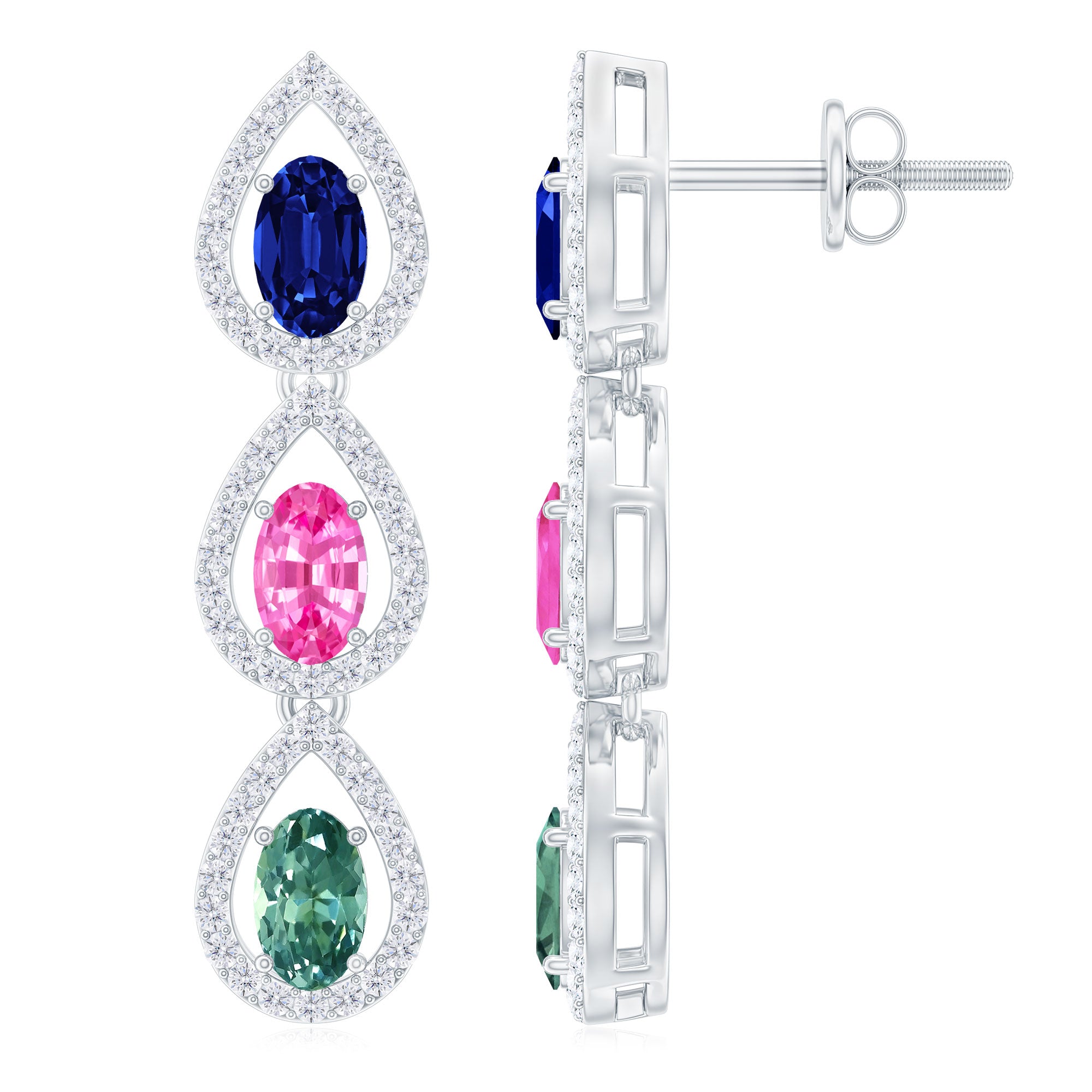 2.5 CT Multi Lab Created Sapphire Silver Teardrop Dangle Earrings with Moissanite Lab Created Blue Sapphire - ( AAAA ) - Quality 92.5 Sterling Silver - Rosec Jewels