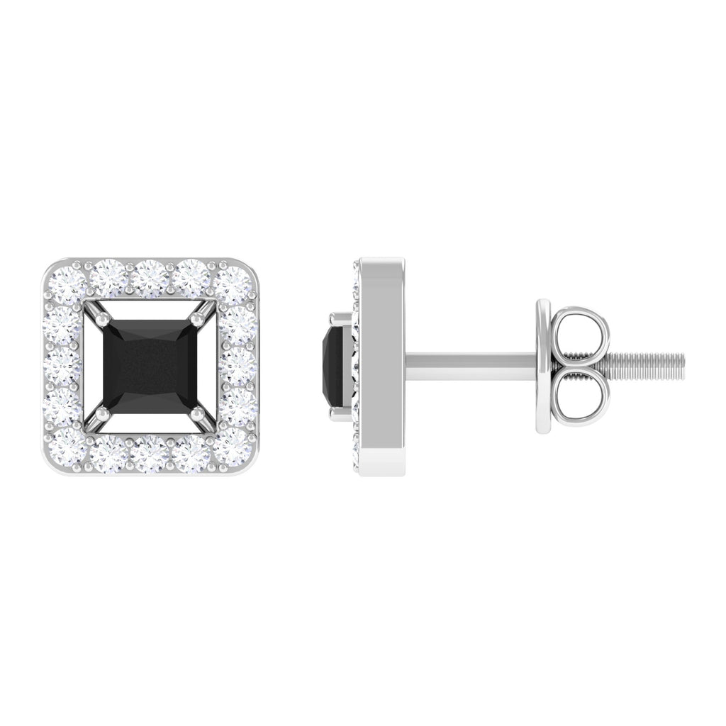 3/4 CT Princess Cut Black Onyx and Diamond Halo Stud Earrings Black Onyx - ( AAA ) - Quality - Rosec Jewels