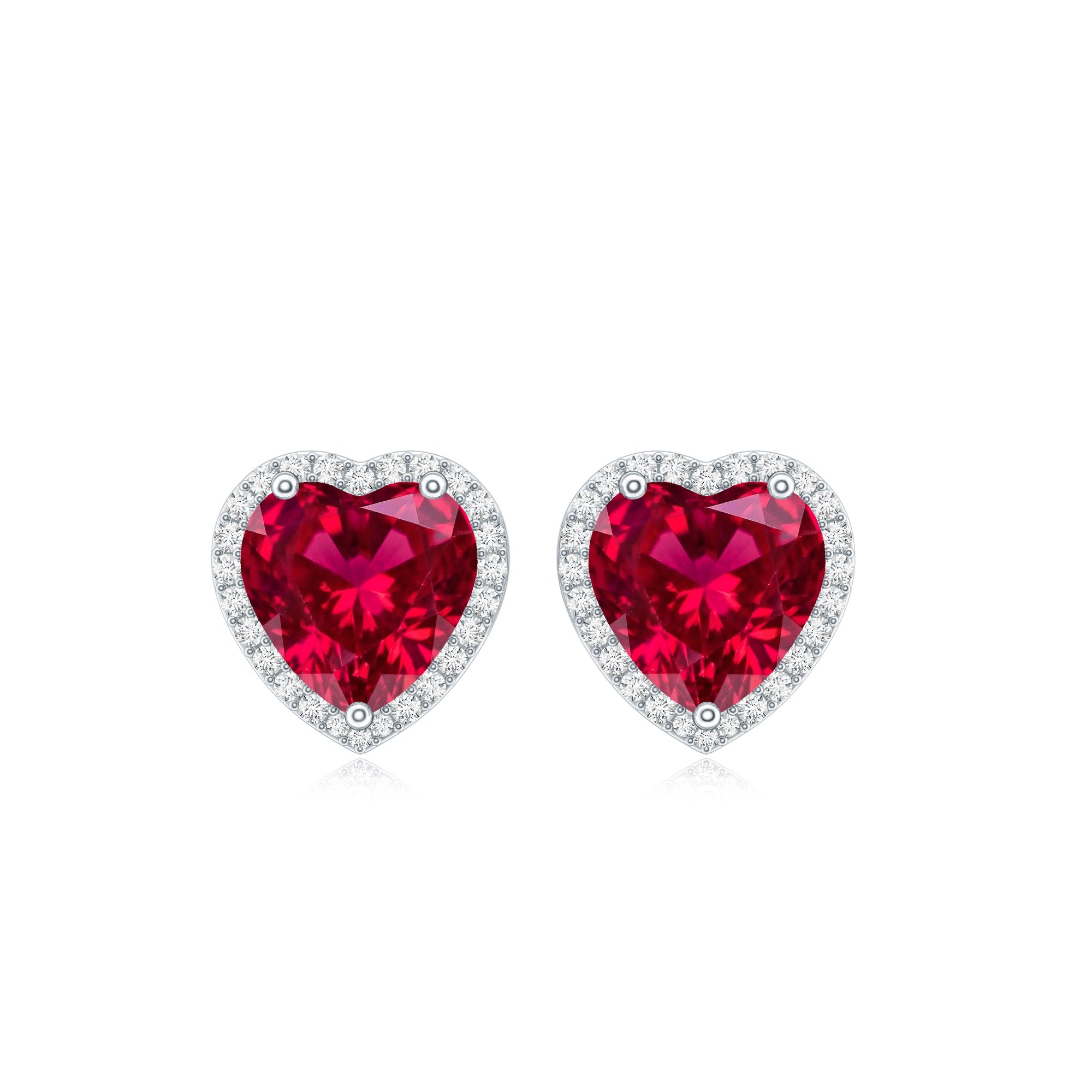 4 Carat Heart Shape Created Ruby Halo Stud Earrings with Diamond AAAA - Rosec Jewels