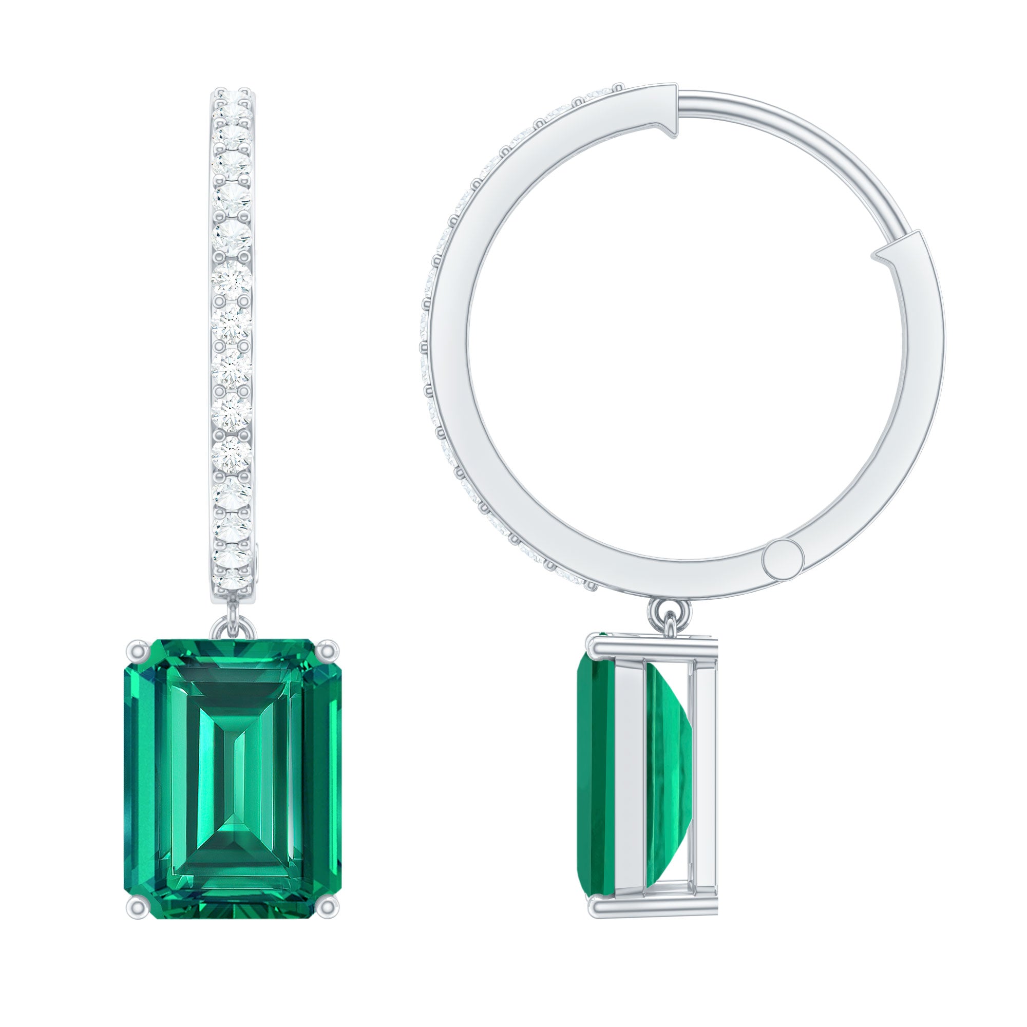 Certified Lab Created Emerald Hoop Drop Earrings in Silver